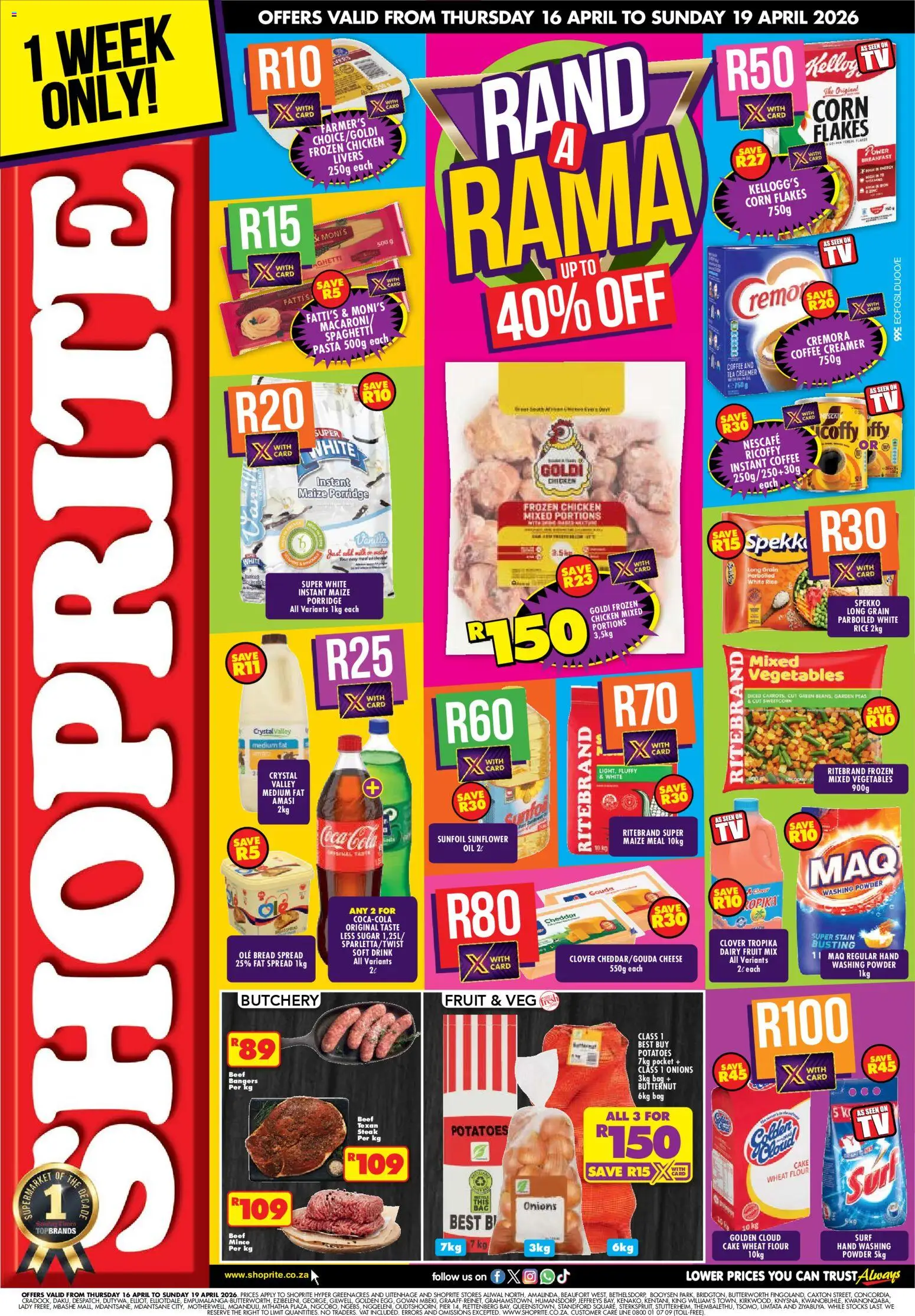 Preview of Shoprite flyer valid from 16/04/2026 - TV, Milk, Cheese, Potatoes, Rice, Flour, Onions, Instant coffee