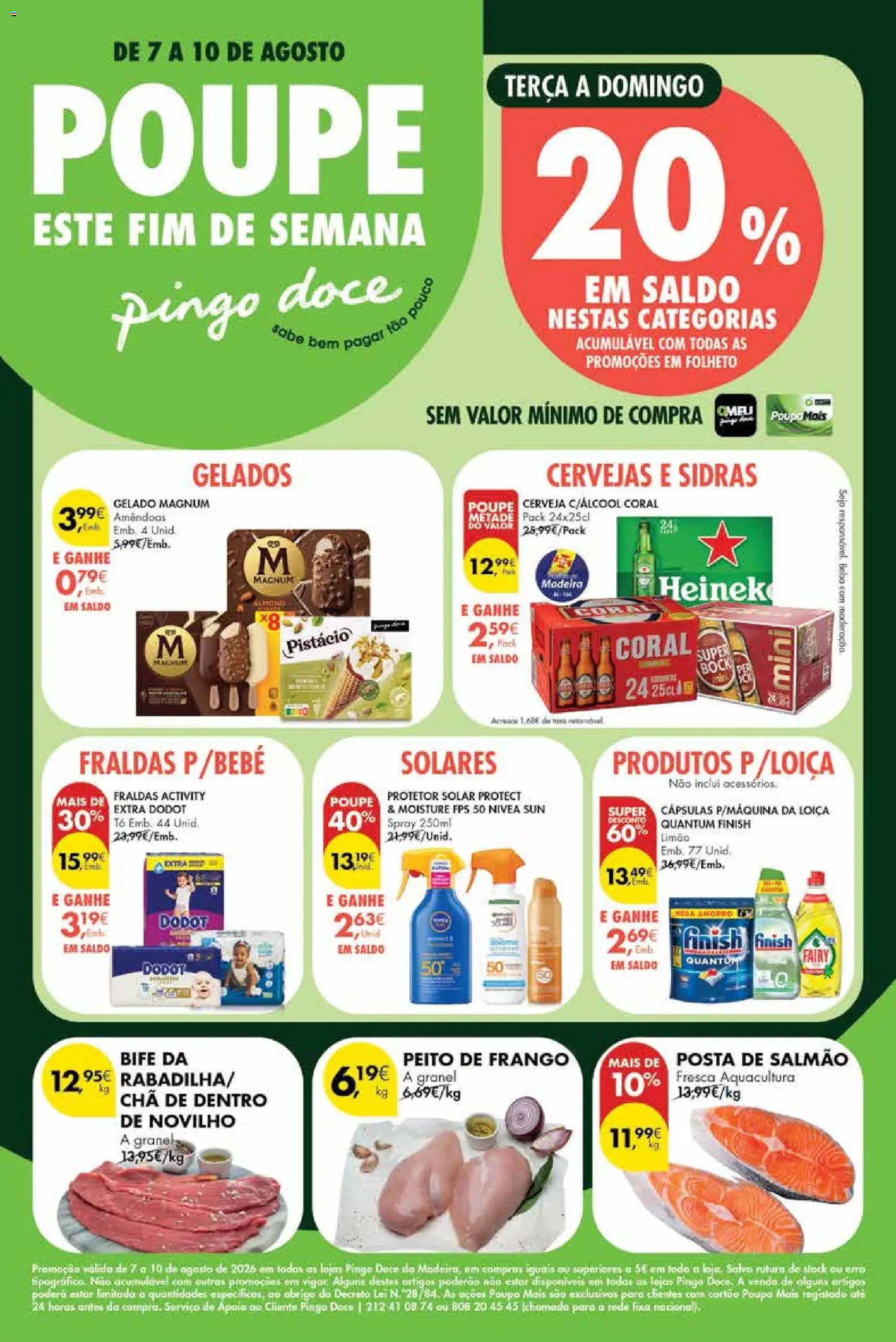 Pré-visualização do folheto da loja Pingo Doce válida a partir de 07/08/2026 - Cerveja, Super bock, Chá, Peito de frango, Fraldas, Amêndoas, Salmão, Cápsulas
