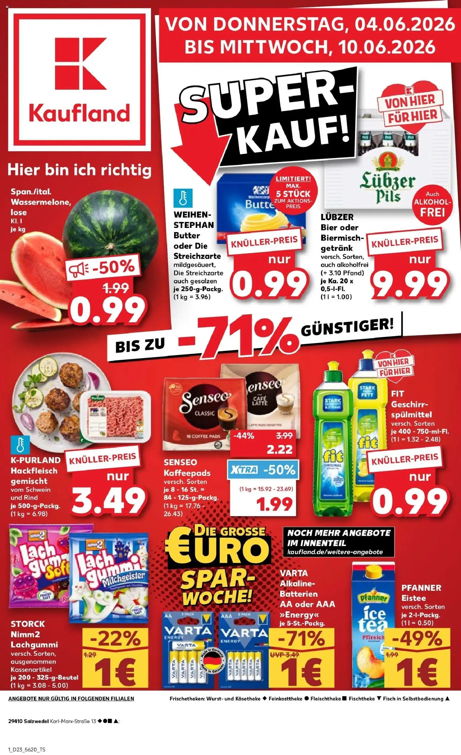 Vorschau von dem Prospekt des Geschäftes Kaufland, gültig ab dem 04.06.2026 - Butter, Bier, Wurst, Alkohol, Energy, Pfanner eistee, Lubzer, Geschirrspülmittel