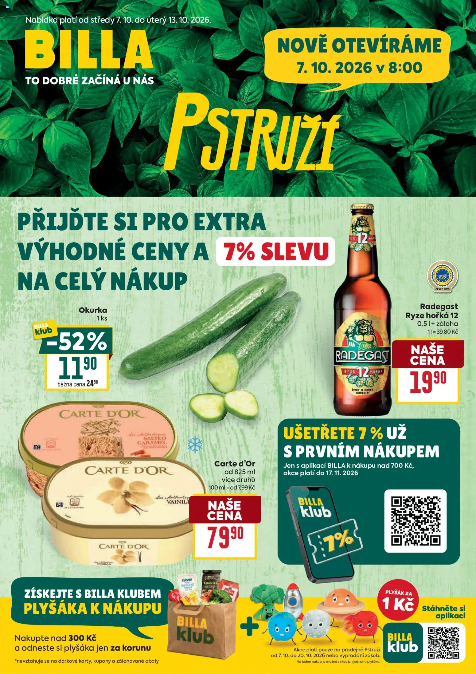Náhled nabídky: Billa Billa leták - Pstruží platný od 07.10.2026 - Pivo, Rýže, Cookies, Radegast, Plyšák, Okurka, Clever, Carte d'or