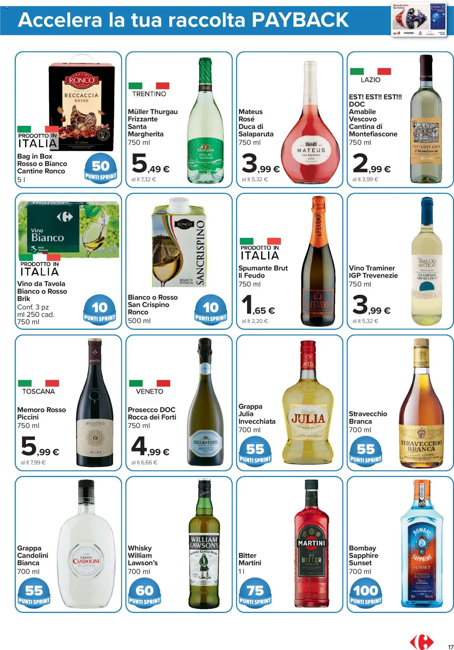 Anteprima dell'opuscolo Carrefour volantino Market - Punti Sprint Payback dal negozio Carrefour valido da 23/10/2026 - The, Vino, Gin, Prosecco, Whisky, Grappa, Spumante, Vino bianco