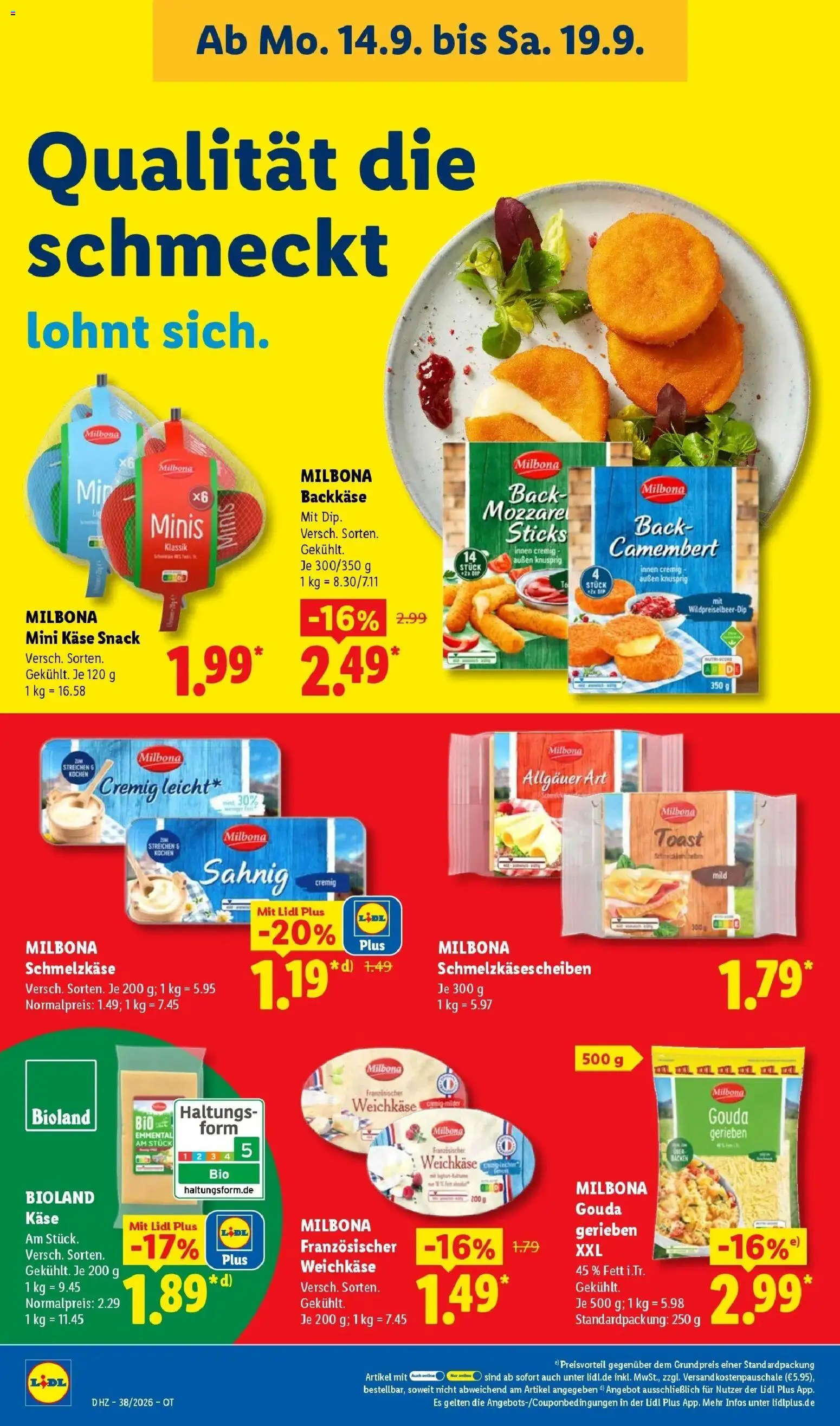 Vorschau von dem Prospekt des Geschäftes Lidl, gültig ab dem 14.09.2026 - Käse, Mozzarella, Camembert, Toast, Gouda