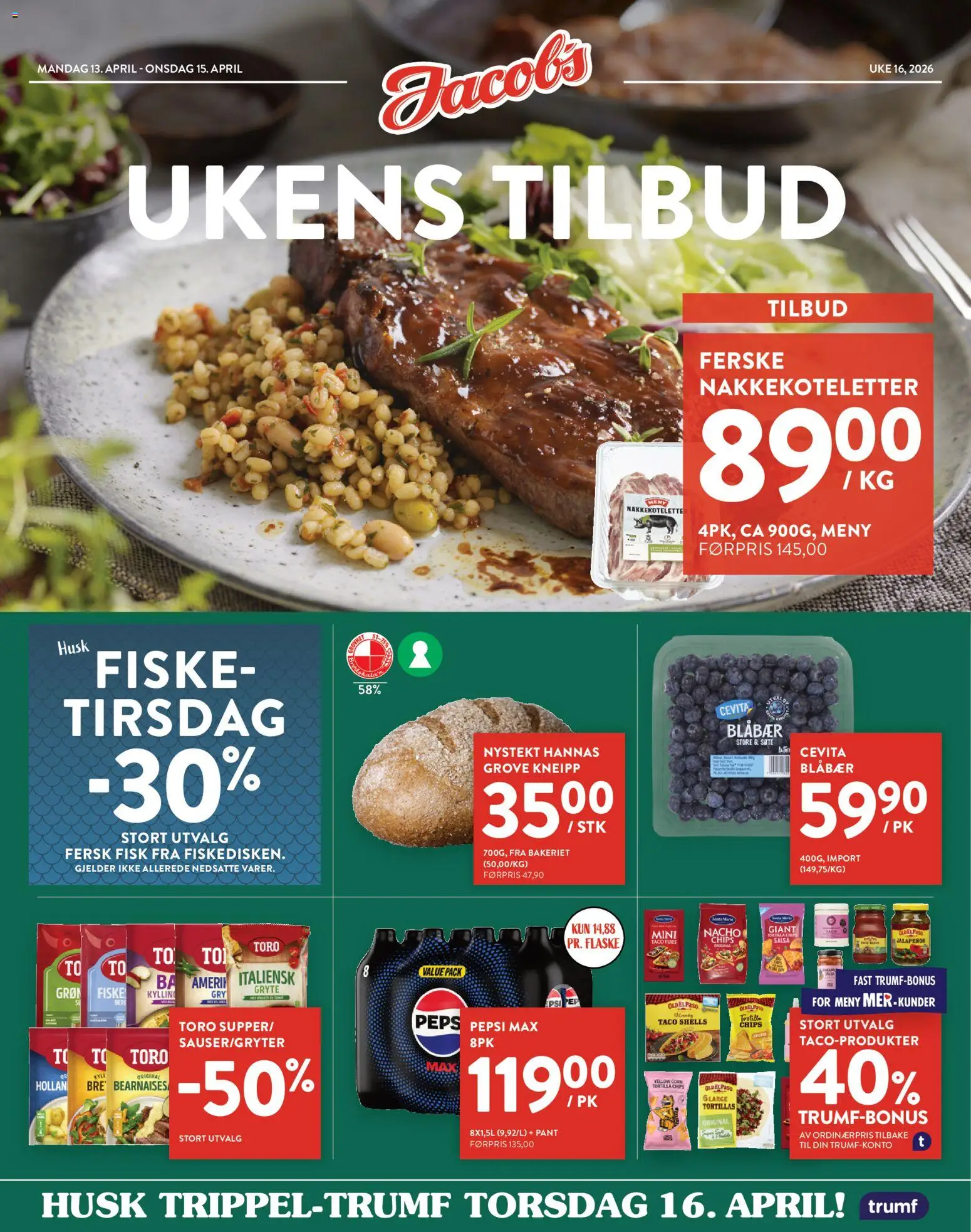 Forhåndsvis Jacobs kundeavis fra butikk Jacobs gyldig fra 13/04/2026 - Husk, Chips, Tortilla chips, Nakkekoteletter, Blåbær, Tortilla, Pepsi, Taco