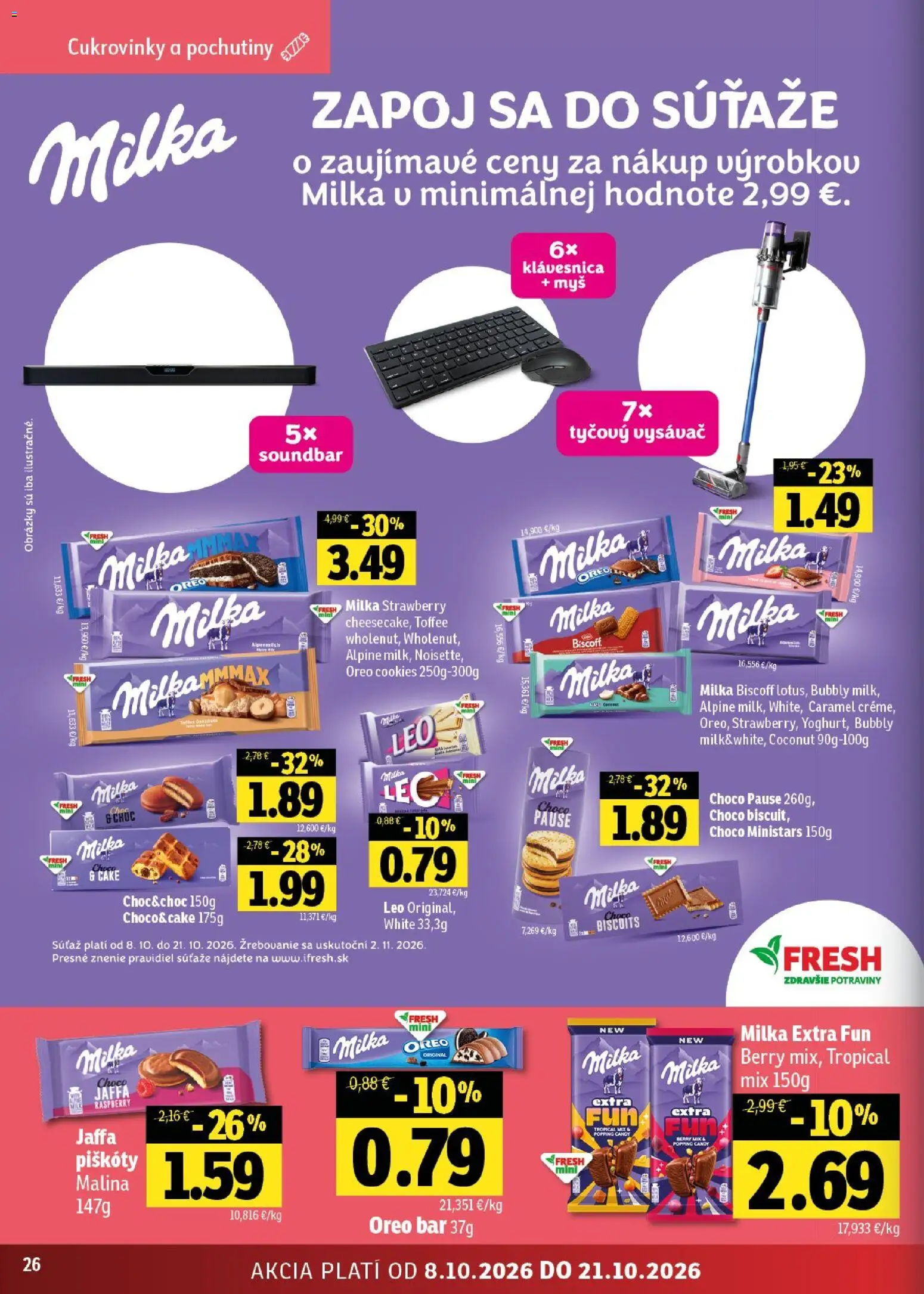 Náhľad Fresh letáku platného od 08.10.2026 - Vysávač, Tyčový vysávač, Myš, Milka, Cukrovinky, Oreo, Klávesnica, Piškóty