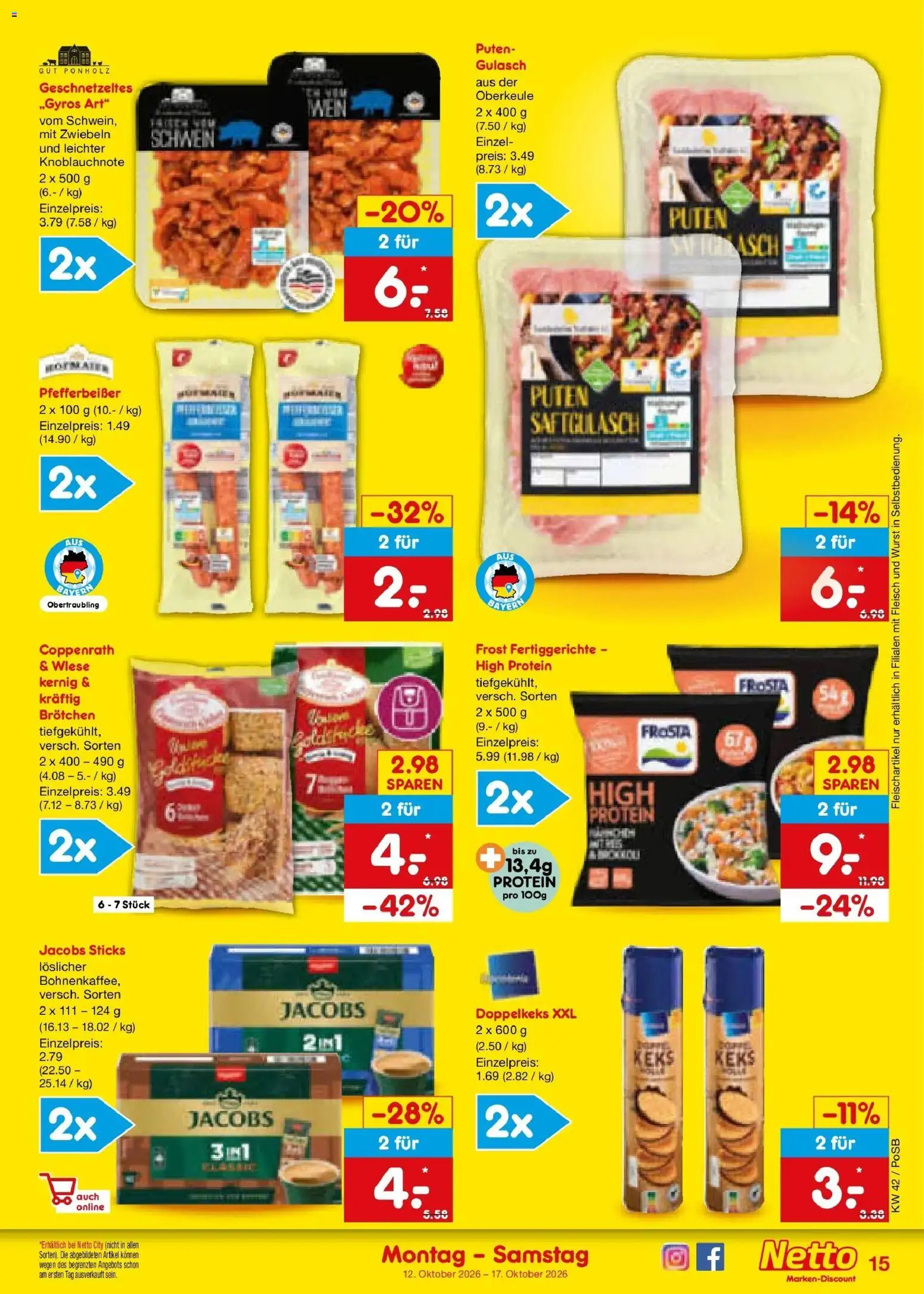 Vorschau von dem Prospekt des Geschäftes Netto Marken-Discount, gültig ab dem 12.10.2026 - Wurst, Gulasch, Wein, Fleisch, Frosta, Zwiebeln, Fertiggerichte