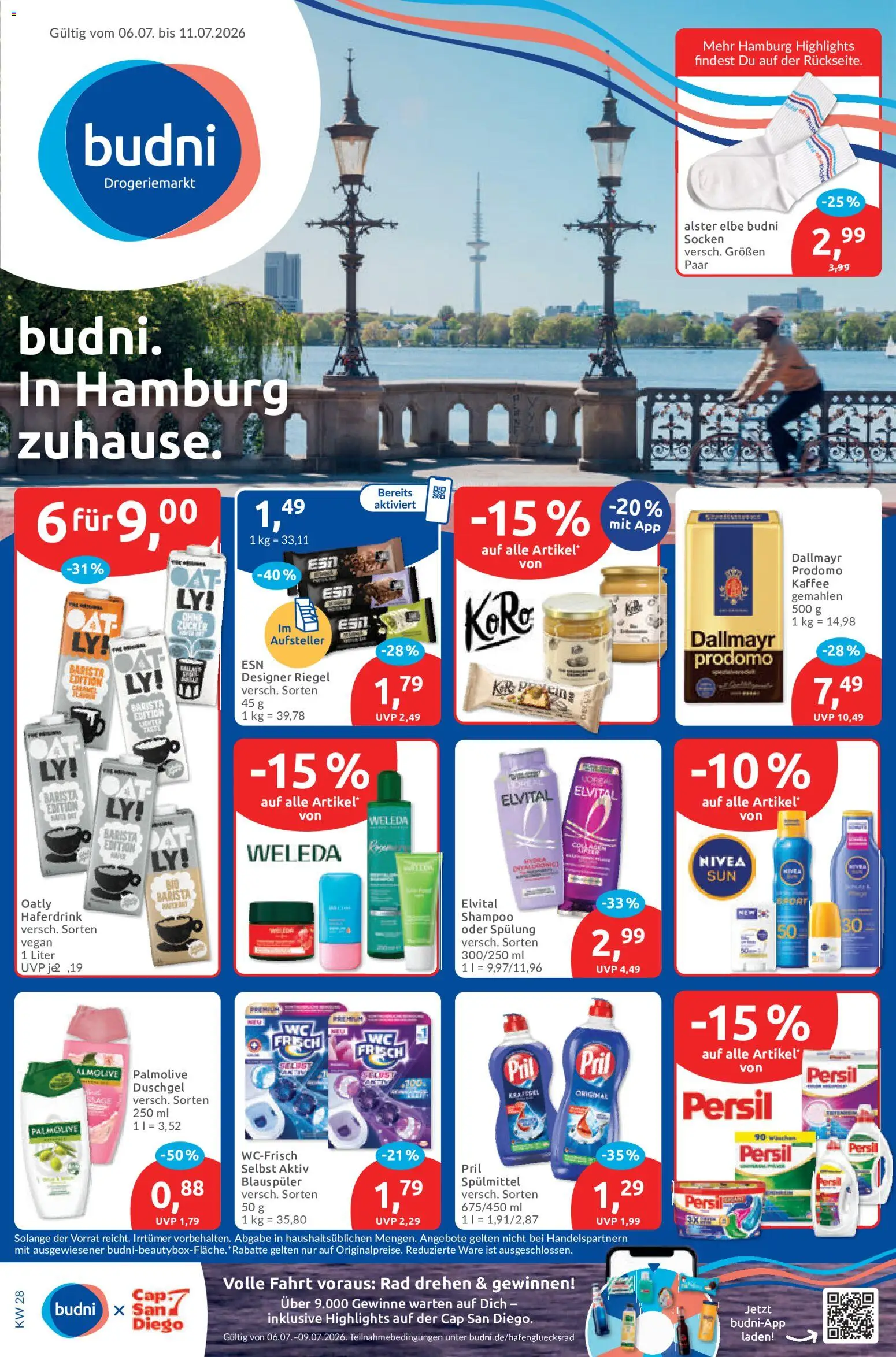 Vorschau von dem Prospekt des Geschäftes Budni, gültig ab dem 06.07.2026 - Kaffee, Shampoo, Socken, Persil, Duschgel, Spülung, Pril, Haferdrink