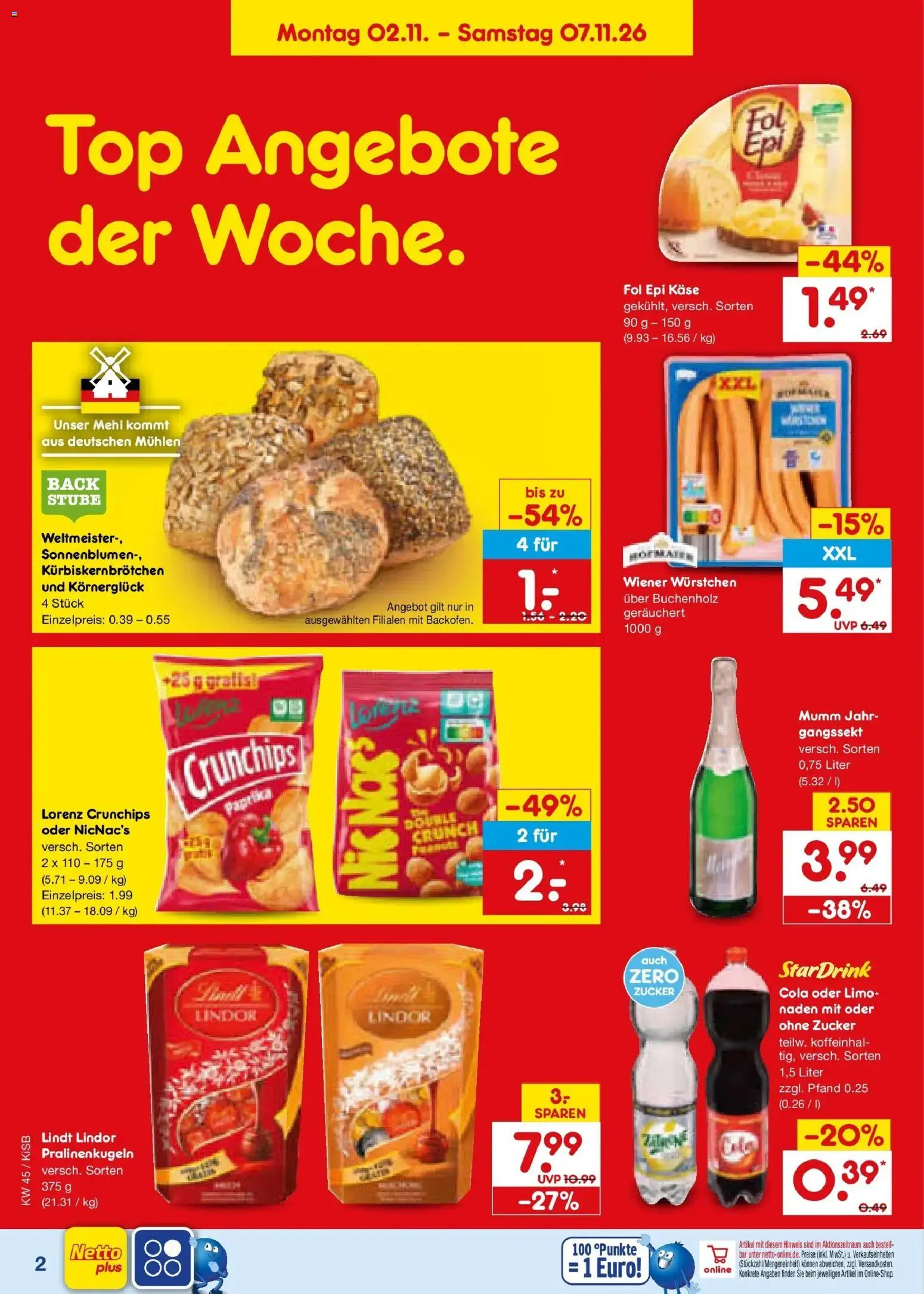 Vorschau von dem Prospekt des Geschäftes Netto Marken-Discount, gültig ab dem 02.11.2026 - Käse, Lindt, Cola, Paprika, Mehl, Lindor, Lorenz crunchips, Wiener wurstchen