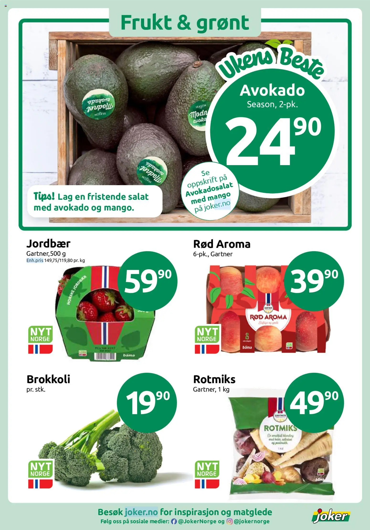 Forhåndsvis Joker kundeavis fra butikk Joker gyldig fra 21/09/2026 - Frukt, Jordbær, Salat, Avokado, Brokkoli, 1, Mango