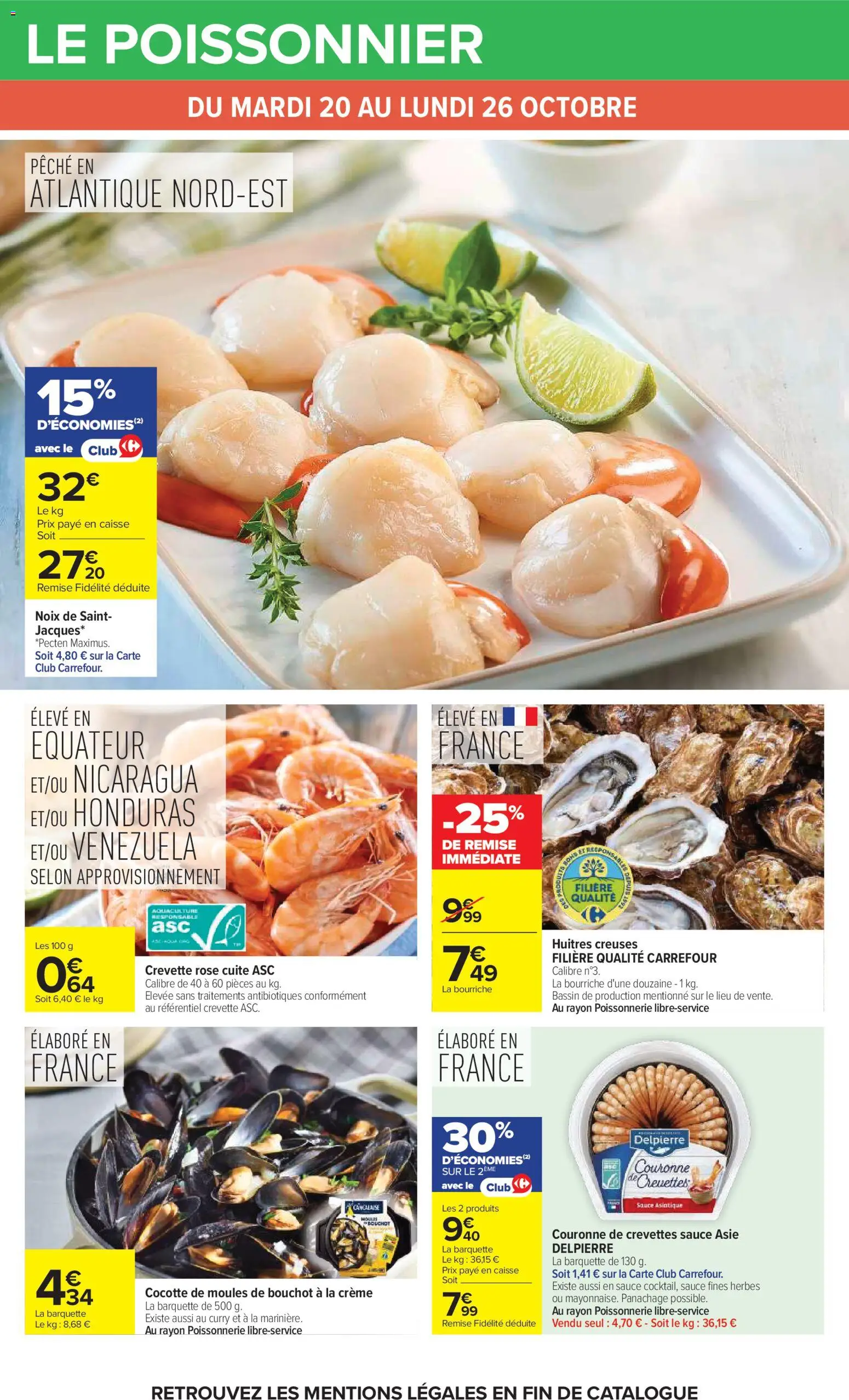 Prévisualisation de Carrefour catalogue du magasin Carrefour formulaire valide 20/10/2026 - Moules, Crevette, Curry, Noix, Crème, Crevettes, Moules de bouchot, Huitres creuses
