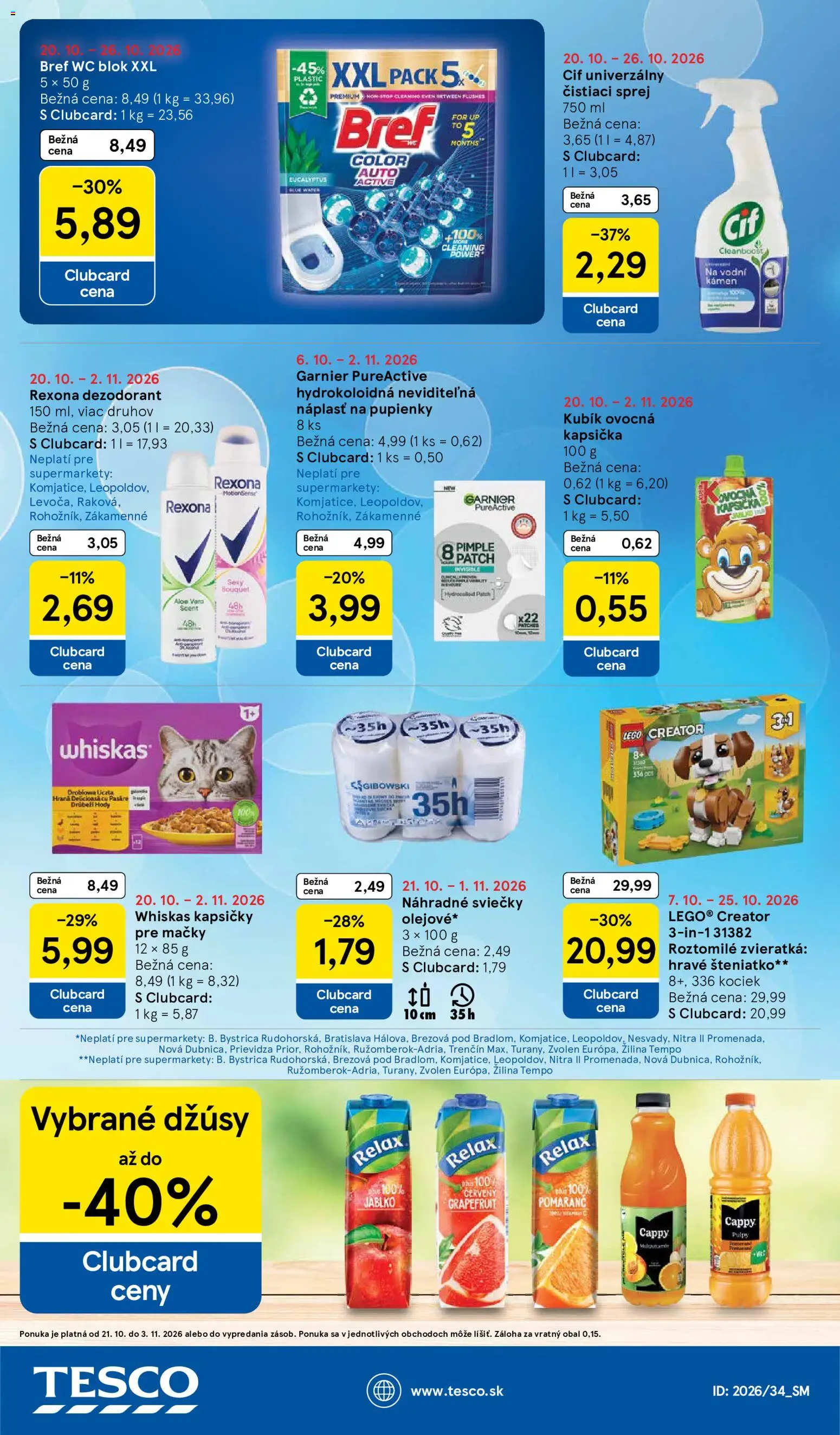 Náhľad Tesco letáku platného od 21.10.2026 - LEGO, Sviečky, Grapefruit, Cif, Whiskas, Náplasť, Wc blok, Kapsičky