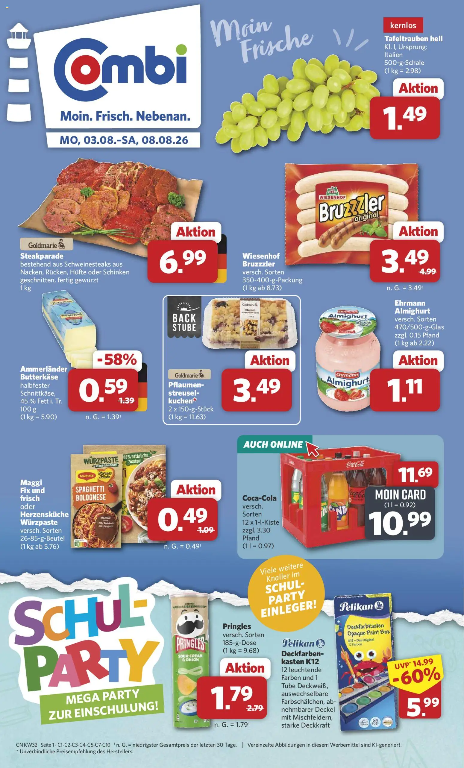Vorschau von dem Prospekt des Geschäftes Combi, gültig ab dem 03.08.2026 - Spaghetti, Maggi, Pflaumen, Pringles, Box, Schinken, Maggi fix