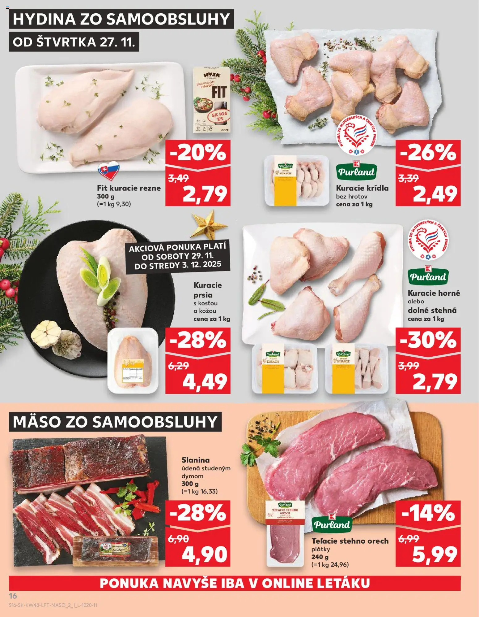 Náhľad Kaufland letáku platného od 27.11.2025 - Mäso, Kuracie prsia, Kuracie rezne, Slanina, Kuracie krídla, Teľacie stehno