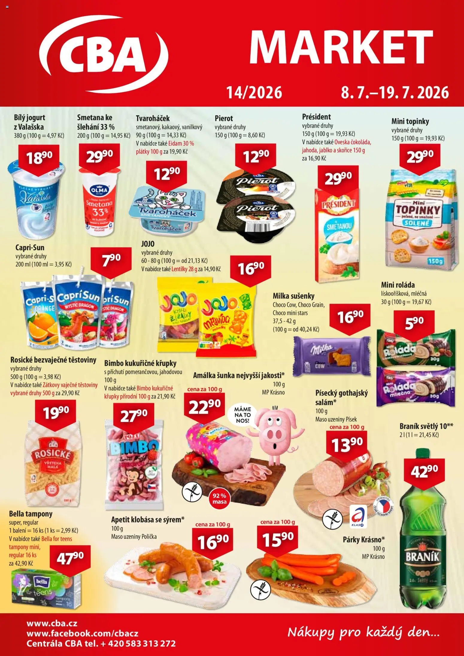 Náhled nabídky: CBA CBA leták - Market platný od 08.07.2026 - Maso, Těstoviny, Jojo, Jogurt, Šunka, Tampony, Lentilky, Bílý jogurt