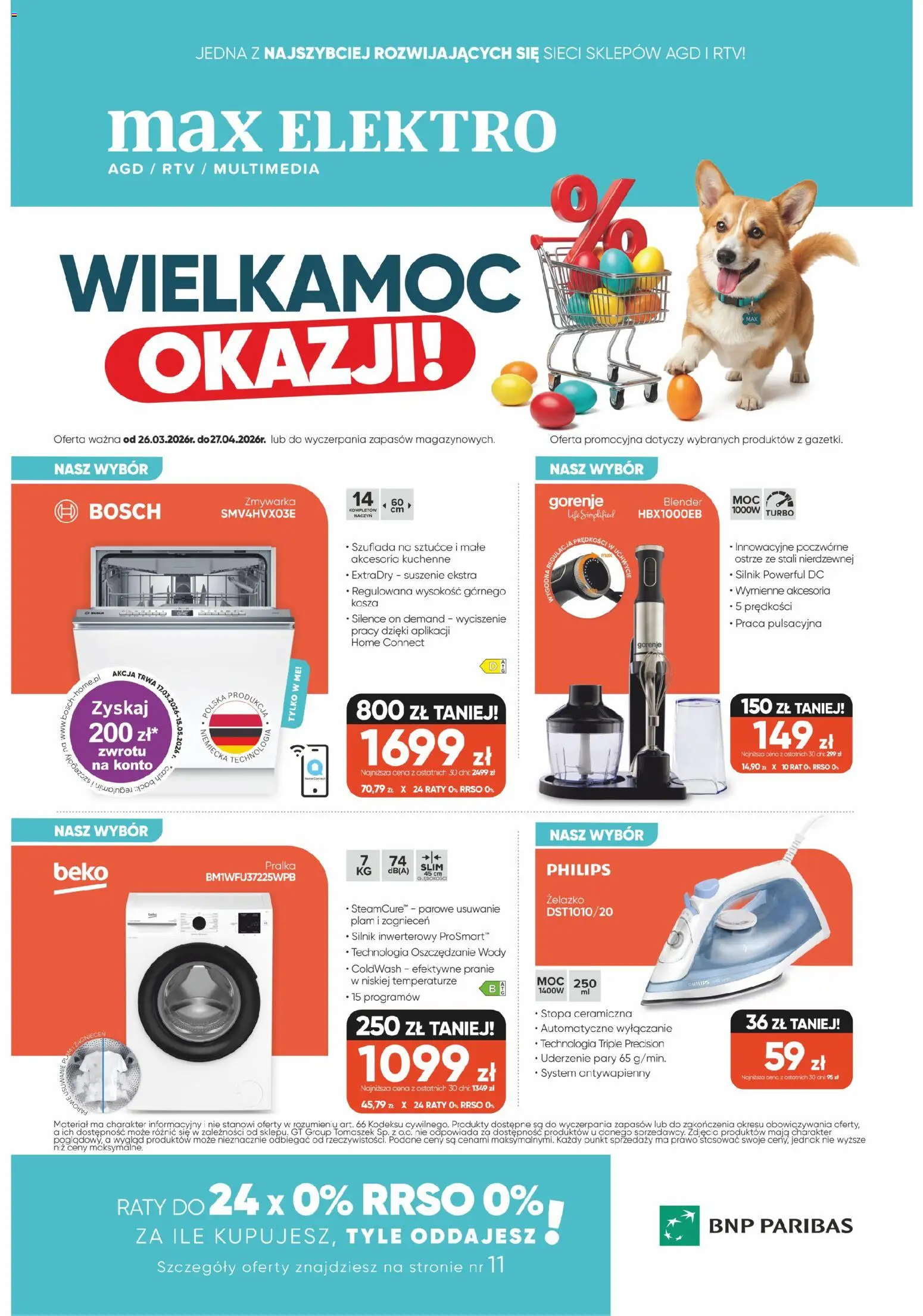 Pogląd gazetki "Max elektro gazetka" ze sklepu Max elektro ważnej od 26.03.2026 - Pralka, Blender, Zmywarka, Żelazko, Sztućce