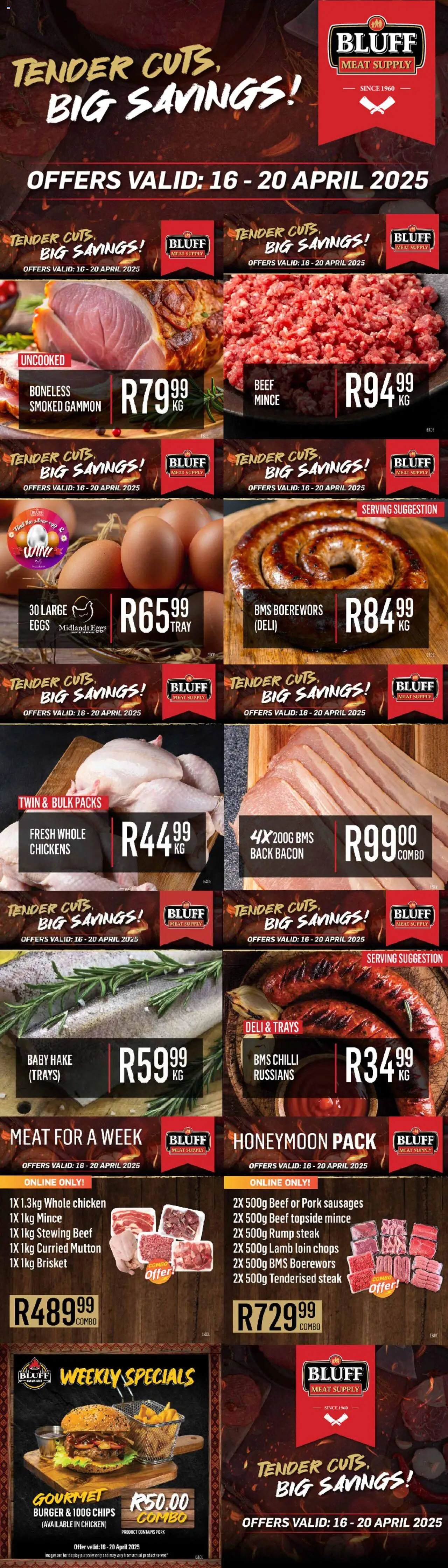 Preview of Bluff Meat Supply flyer valid from 16/04/2025 - Eggs, Steak, Chips, Rump steak, Boerewors, Beef, Bacon, Chilli