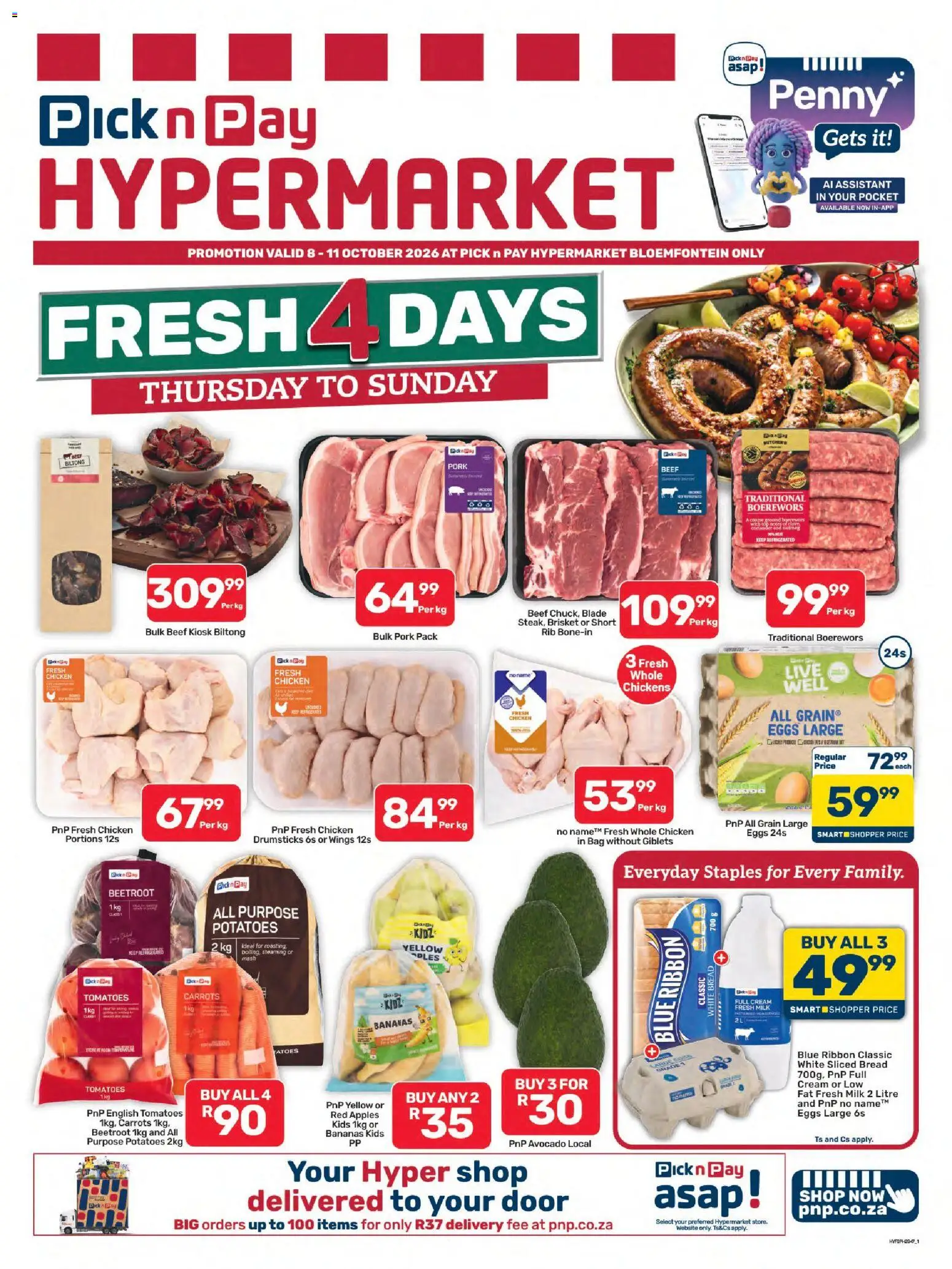 Preview of Pick n Pay flyer valid from 08/10/2026 - Bag, Avocado, Milk, Bread, Tomatoes, Cream, Carrots, Beef