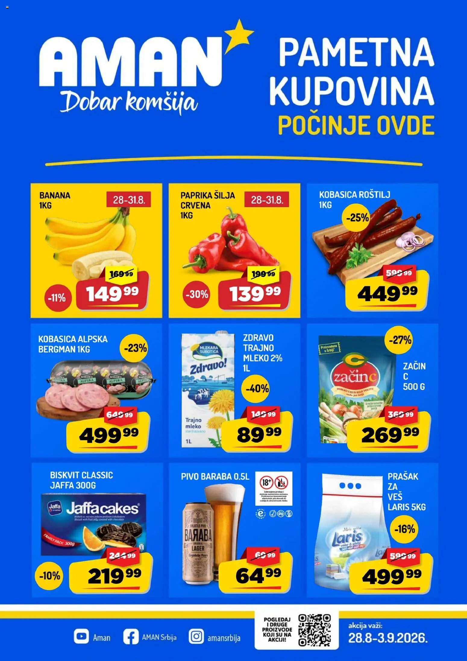 Pregled Aman kataloga - važi od 28.08.2026 - Roštilj, Pica, Paprika, Banana, Mleko, Prašak za veš, Banane, Kobasica