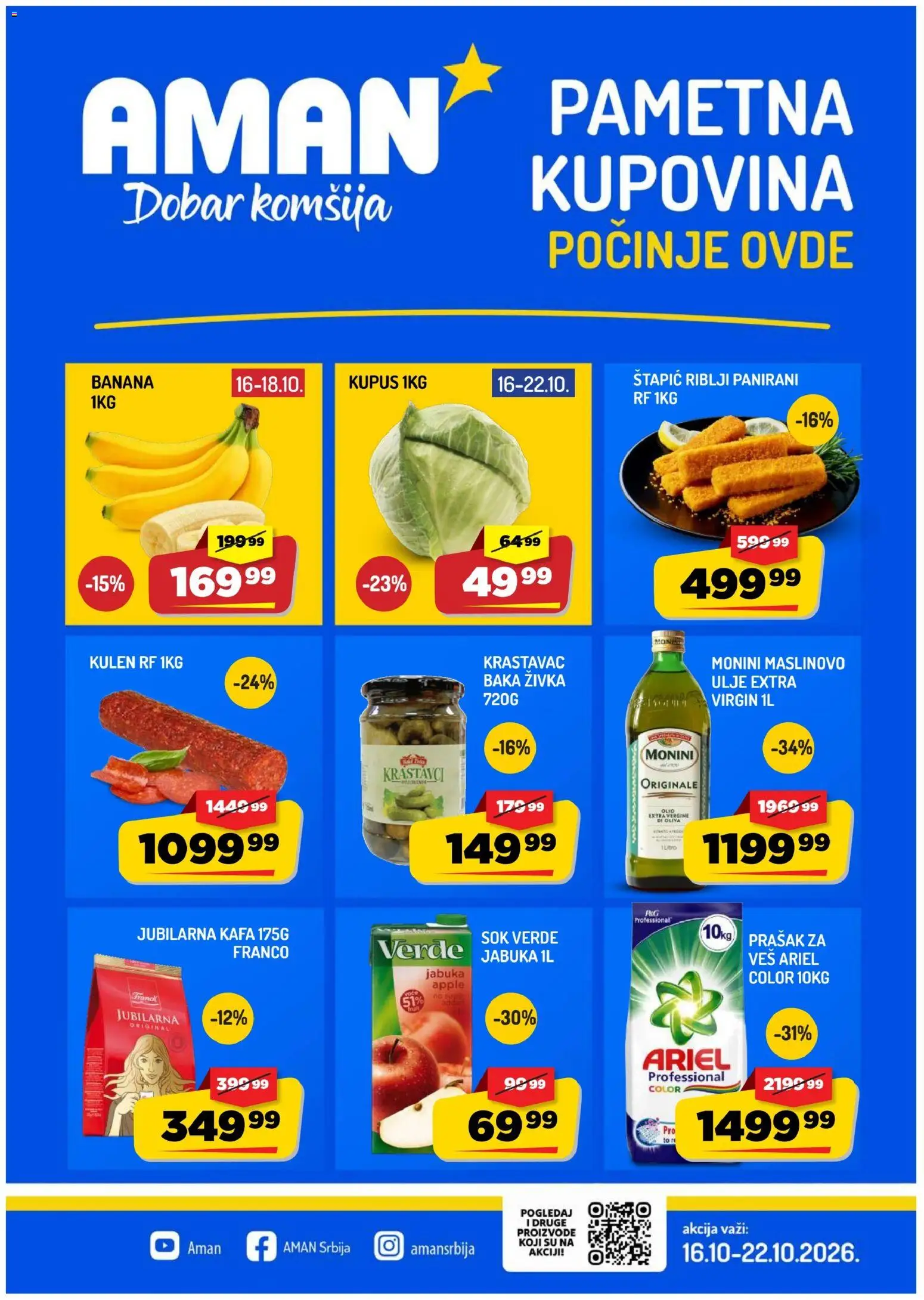 Pregled Aman kataloga - važi od 16.10.2026 - Kupus, Krastavac, Ariel, Prašak za veš, Banane, Jabuke, Krastavci, Riblji štapići