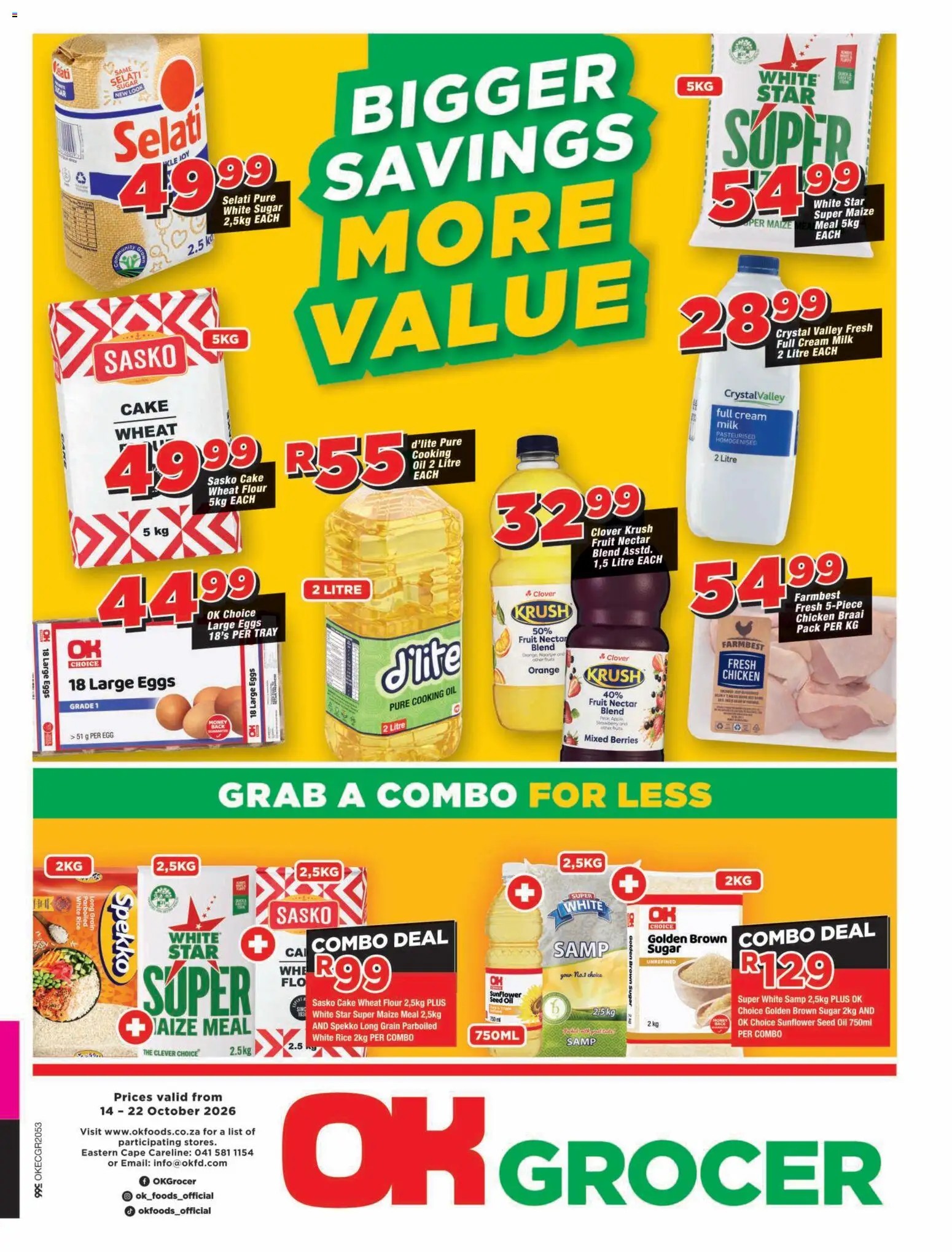 Preview of OK Foods flyer valid from 14/10/2026 - Fruit, Milk, Oil, Sugar, Rice, Flour, Maize meal, Tray