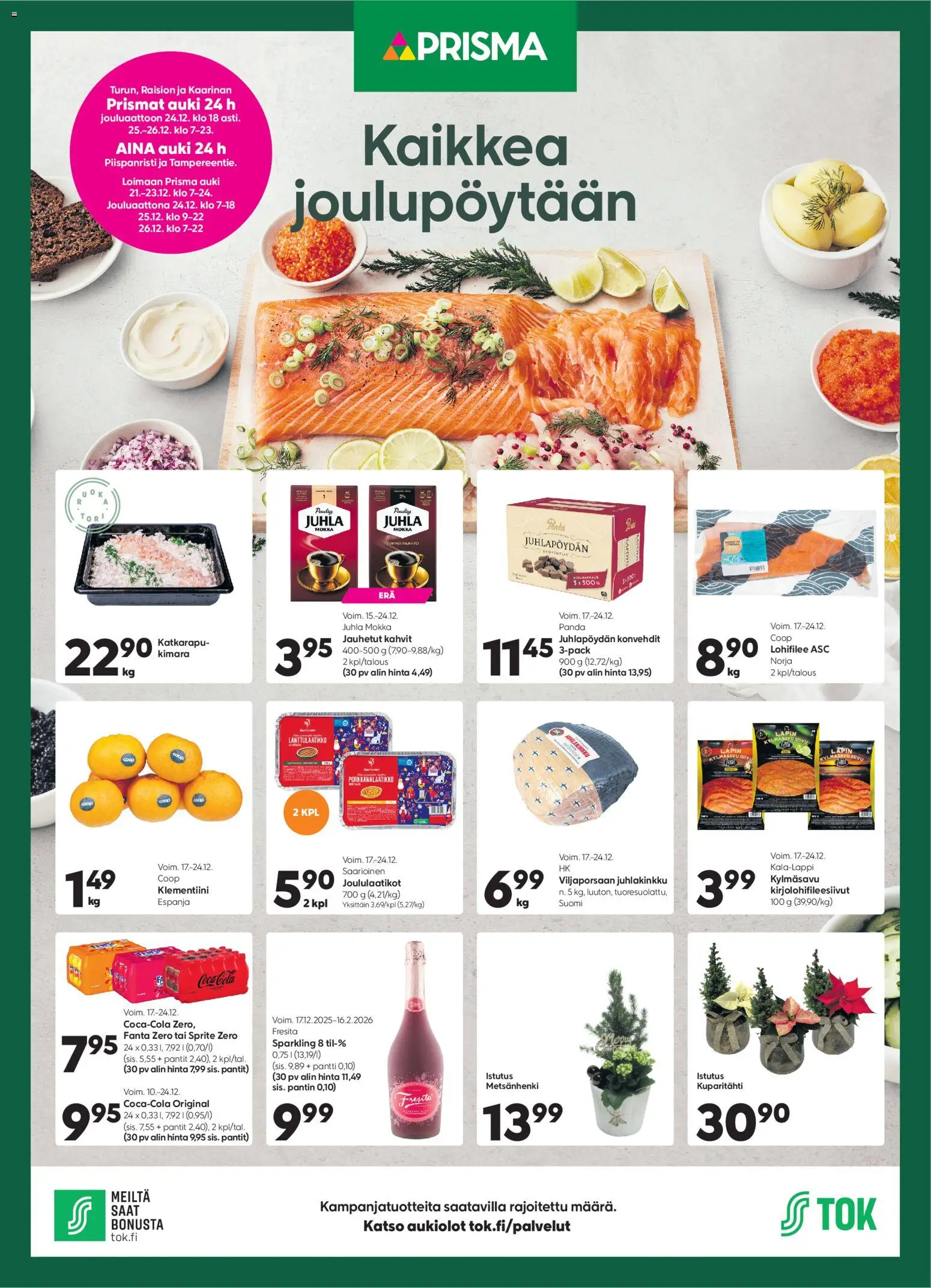 Kaupan Prisma Kaikkea joulupöytään esikatselu, voimassa 25/12/2025 - Juhla Mokka, Katkarapu, Fanta, Sprite, Klementiini