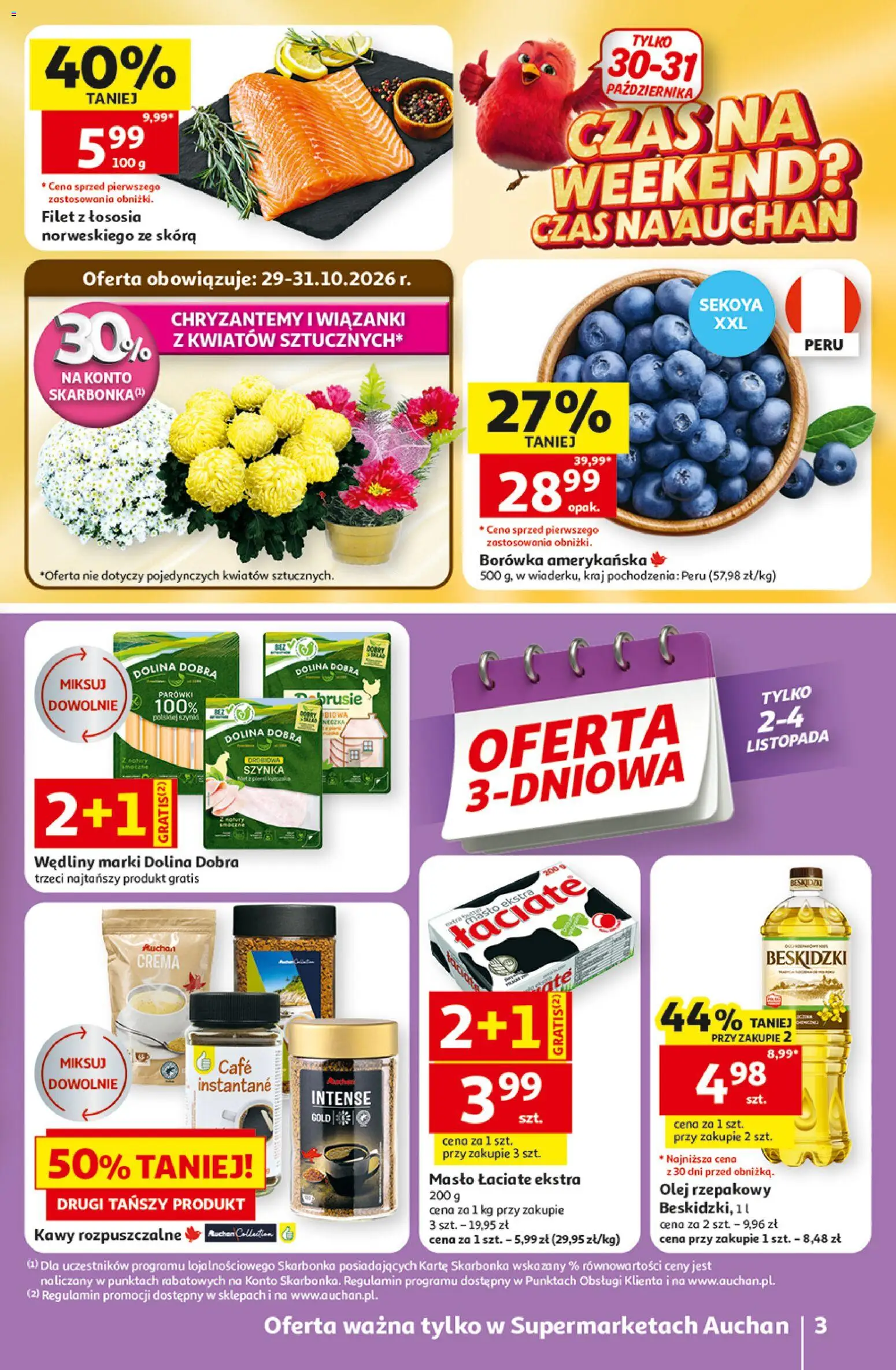 Pogląd gazetki "Auchan gazetka" ze sklepu Auchan ważnej od 29.10.2026 - Masło, Chryzantemy, Borówka amerykańska, Olej, Olej rzepakowy, Filet, Filet z łososia, Masło łaciate