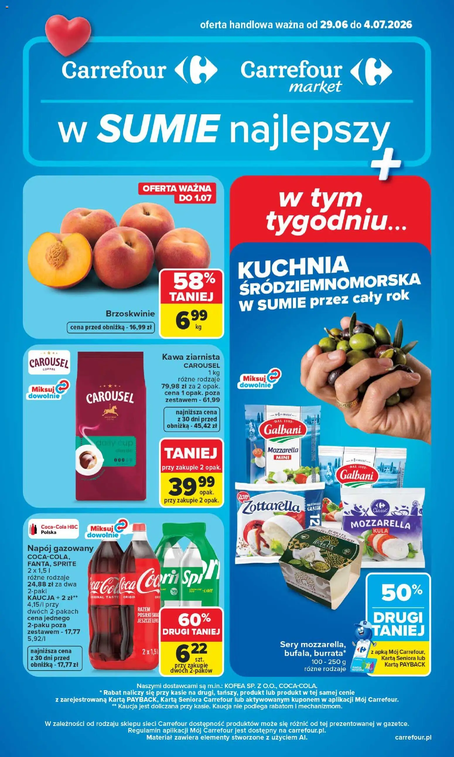 Pogląd gazetki "Carrefour gazetka" ze sklepu Carrefour ważnej od 29.06.2026 - Kawa, Kawa ziarnista, Mozzarella, Brzoskwinie, Karta, Sprite, Sery
