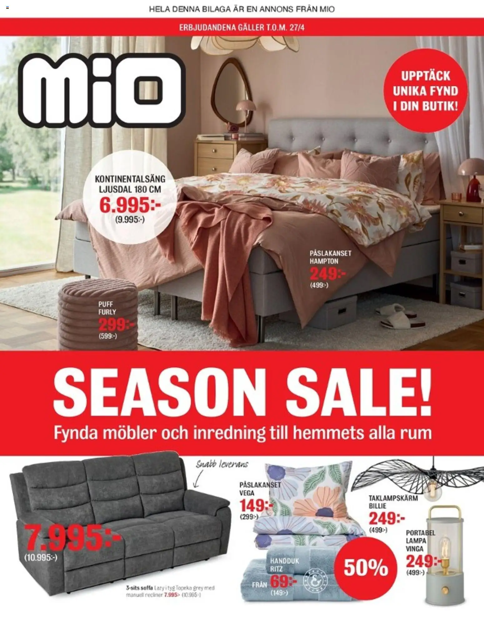 Förhandsgranska reklamblad Mio erbjudanden från butik Mio gäller från 07/04/2026 - Soffa, Lampa, Påslakanset, Galler, Puff, Handduk