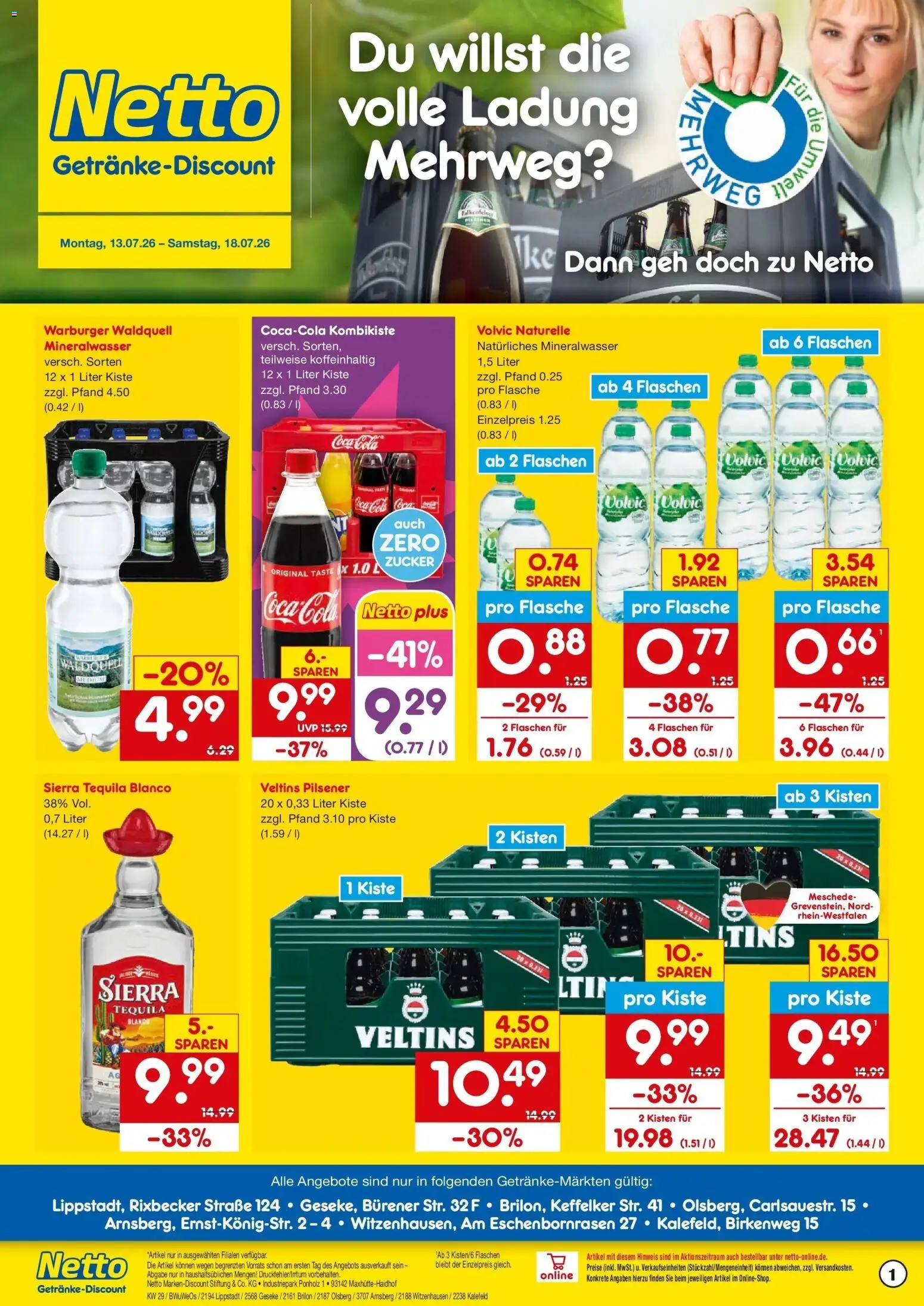 Vorschau von dem Prospekt des Geschäftes Netto Marken-Discount, gültig ab dem 13.07.2026 - Coca cola, Cola, Mineralwasser, Tequila, Zucker, Veltins, Volvic