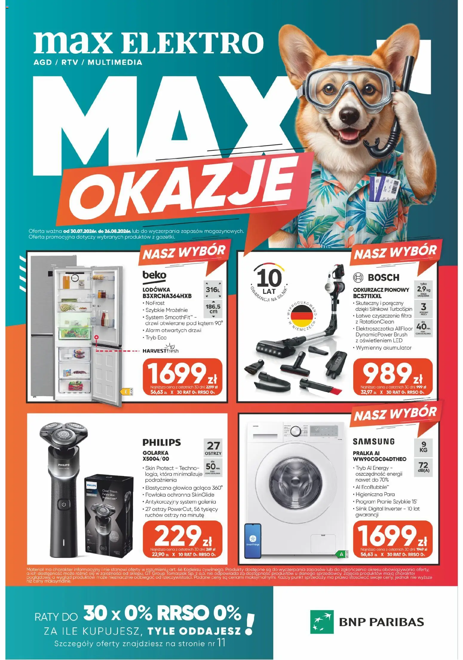 Pogląd gazetki "Max elektro gazetka" ze sklepu Max elektro ważnej od 30.07.2026 - Lodówka, Pralka, Odkurzacz, Odkurzacz pionowy, Waga, Drzwi, Golarka