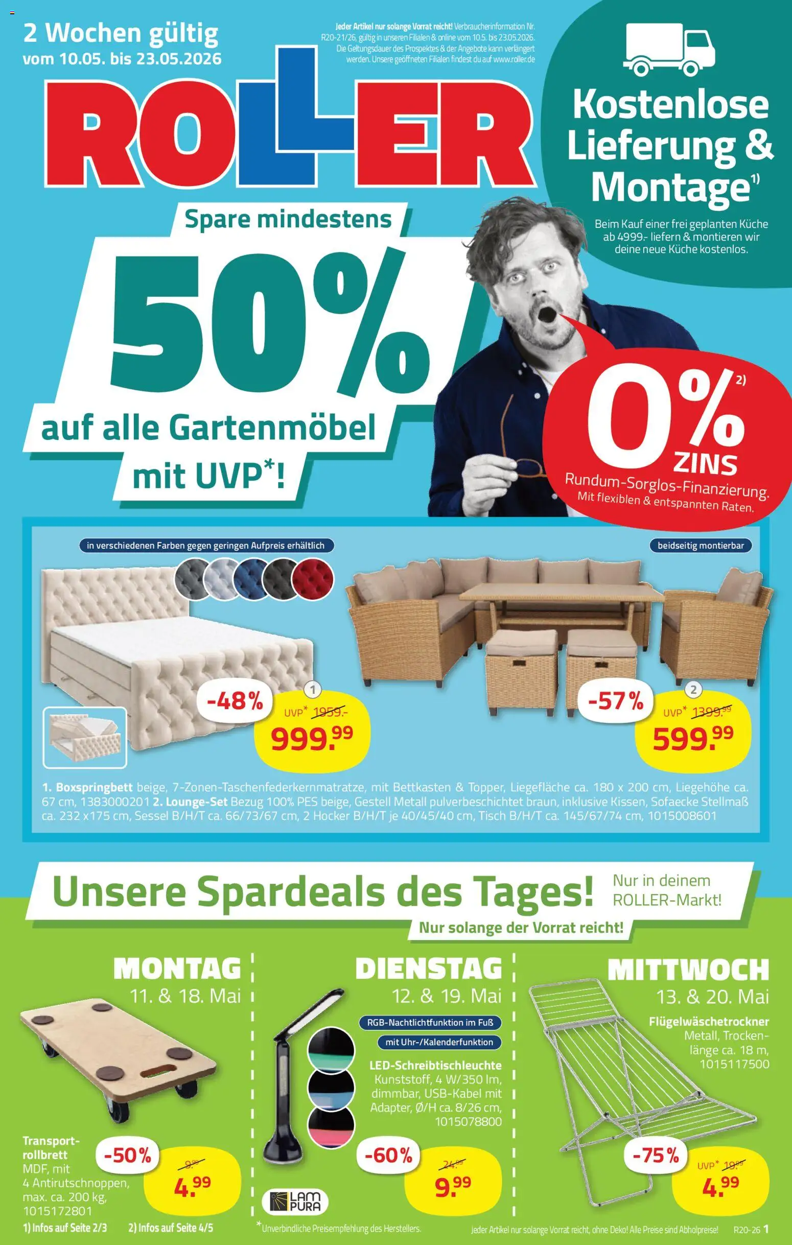 Vorschau von dem Prospekt des Geschäftes Roller, gültig ab dem 10.05.2026 - Boxspringbett, Küche, Gartenmöbel, Sessel, Hocker, Tisch