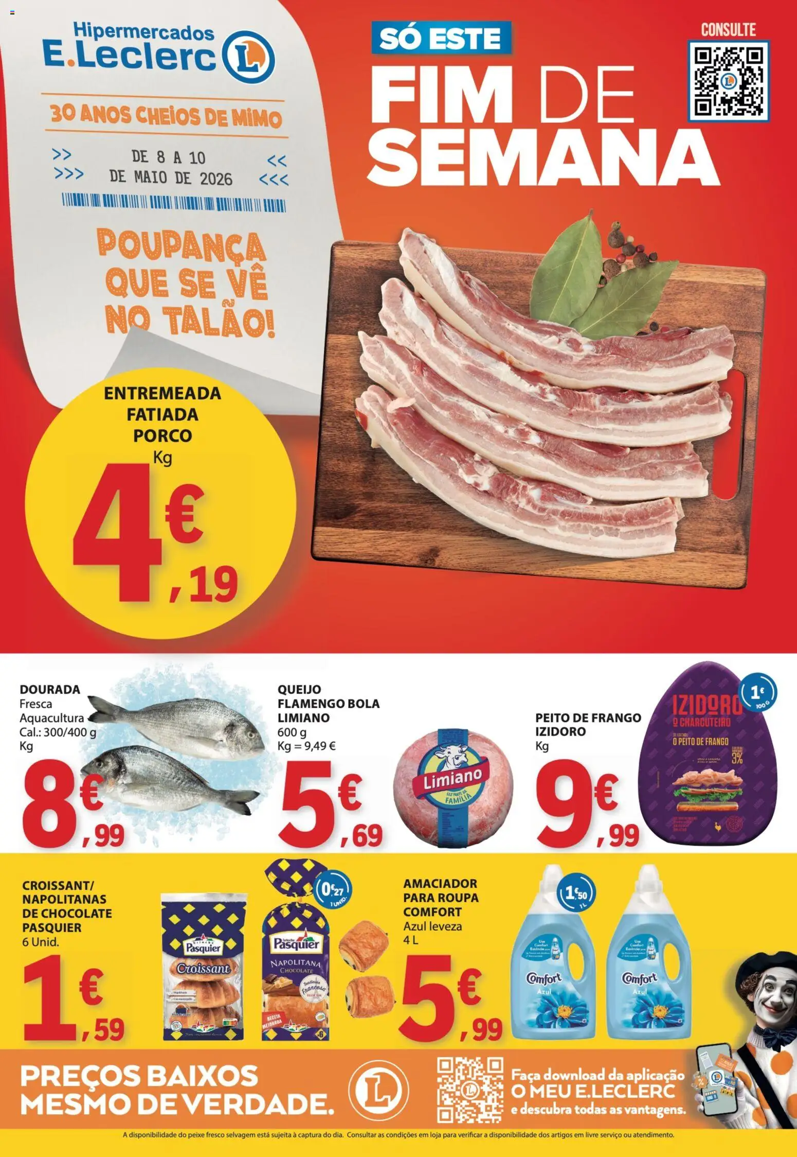 Pré-visualização do folheto da loja E.Leclerc válida a partir de 08/05/2026 - Chocolate, Croissant, Peixe, Dourada, Queijo, Peito de frango, Entremeada, Faca