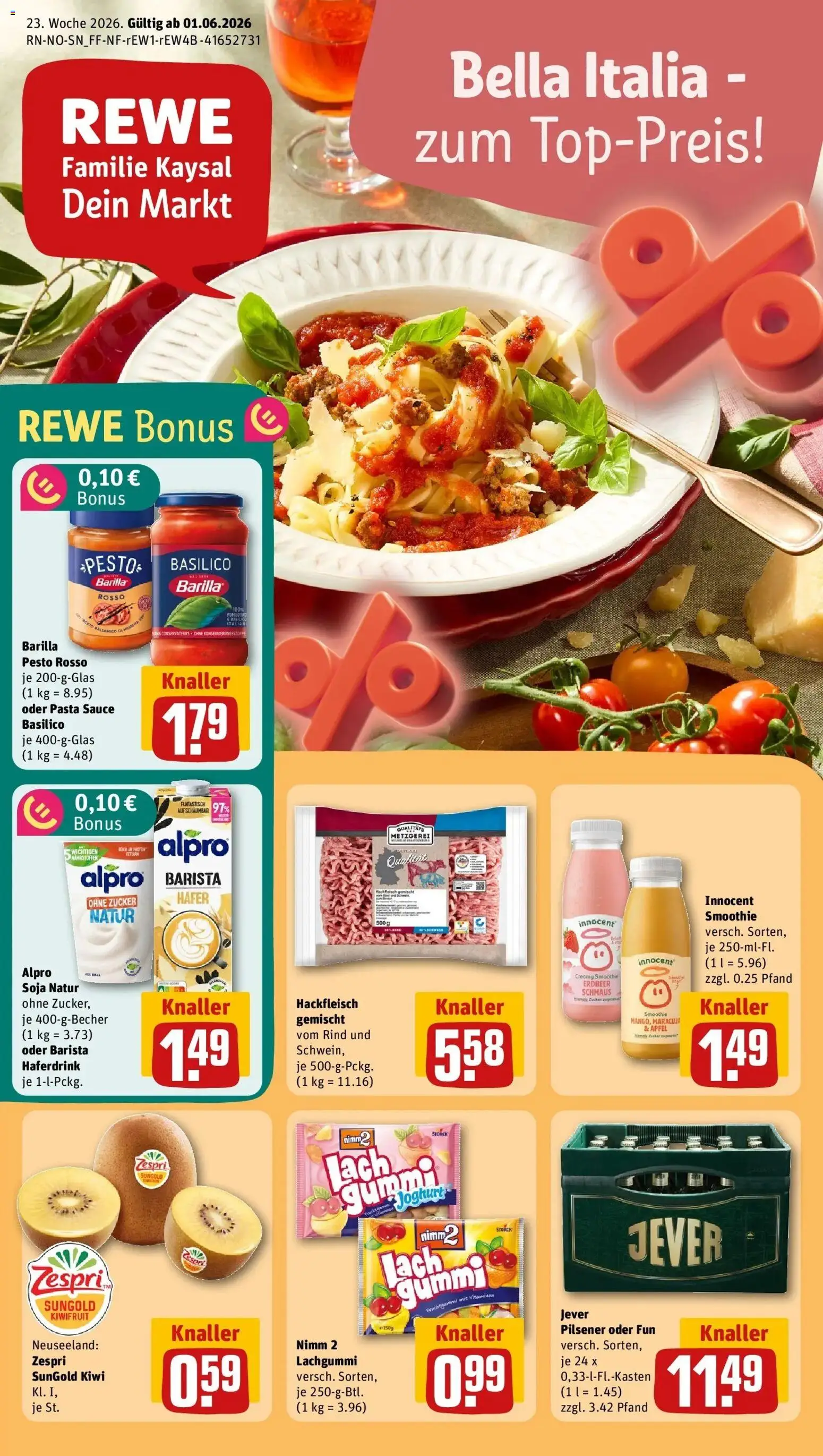 Vorschau von dem Prospekt des Geschäftes Rewe, gültig ab dem 01.06.2026 - Pasta, Kiwi, Joghurt, Jever, Zucker, Barilla pesto, Alpro, Haferdrink
