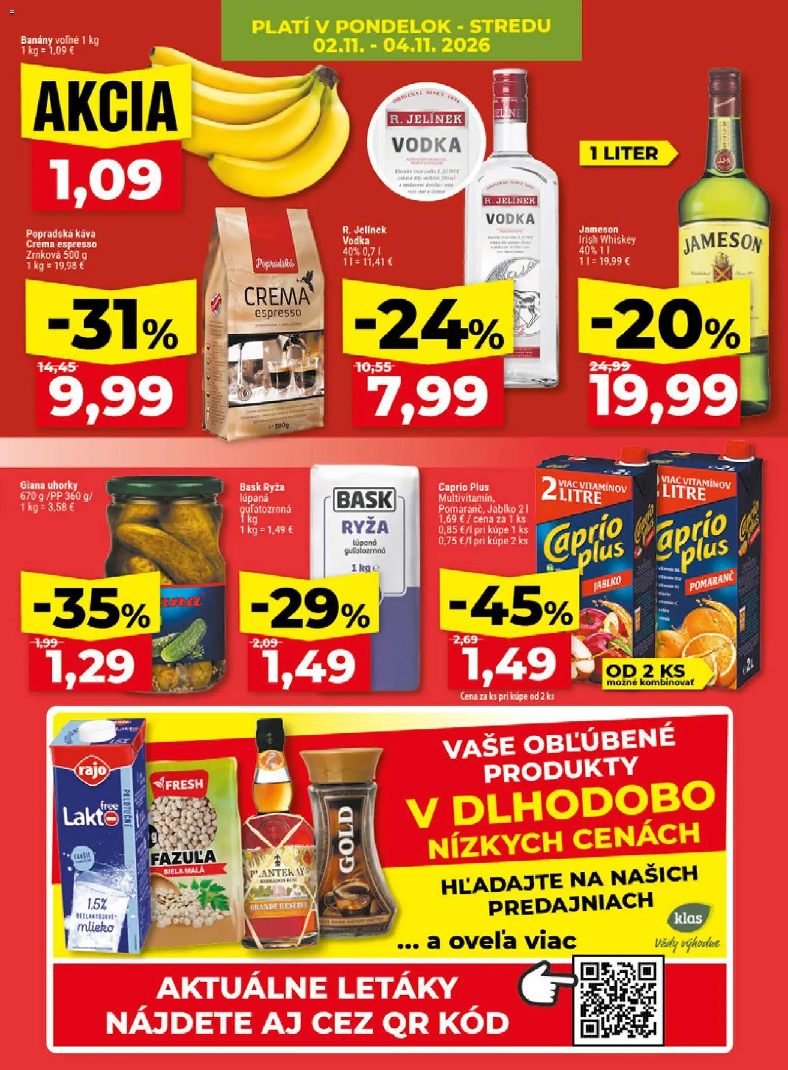 Náhľad Klas letáku platného od 02.11.2026 - Káva, Vodka, Mlieko, Jameson, Ryža, Uhorky, Popradská káva, Banány