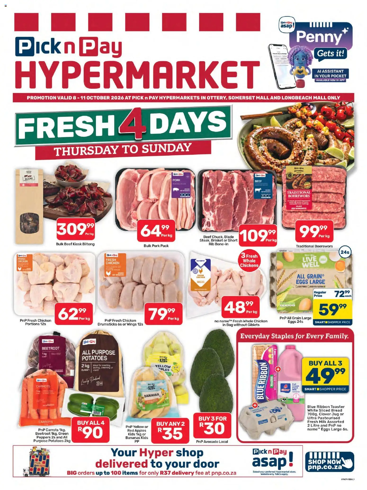 Preview of Pick n Pay flyer valid from 08/10/2026 - Apples, Bag, Eggs, Avocado, Milk, Bananas, Carrots, Beef
