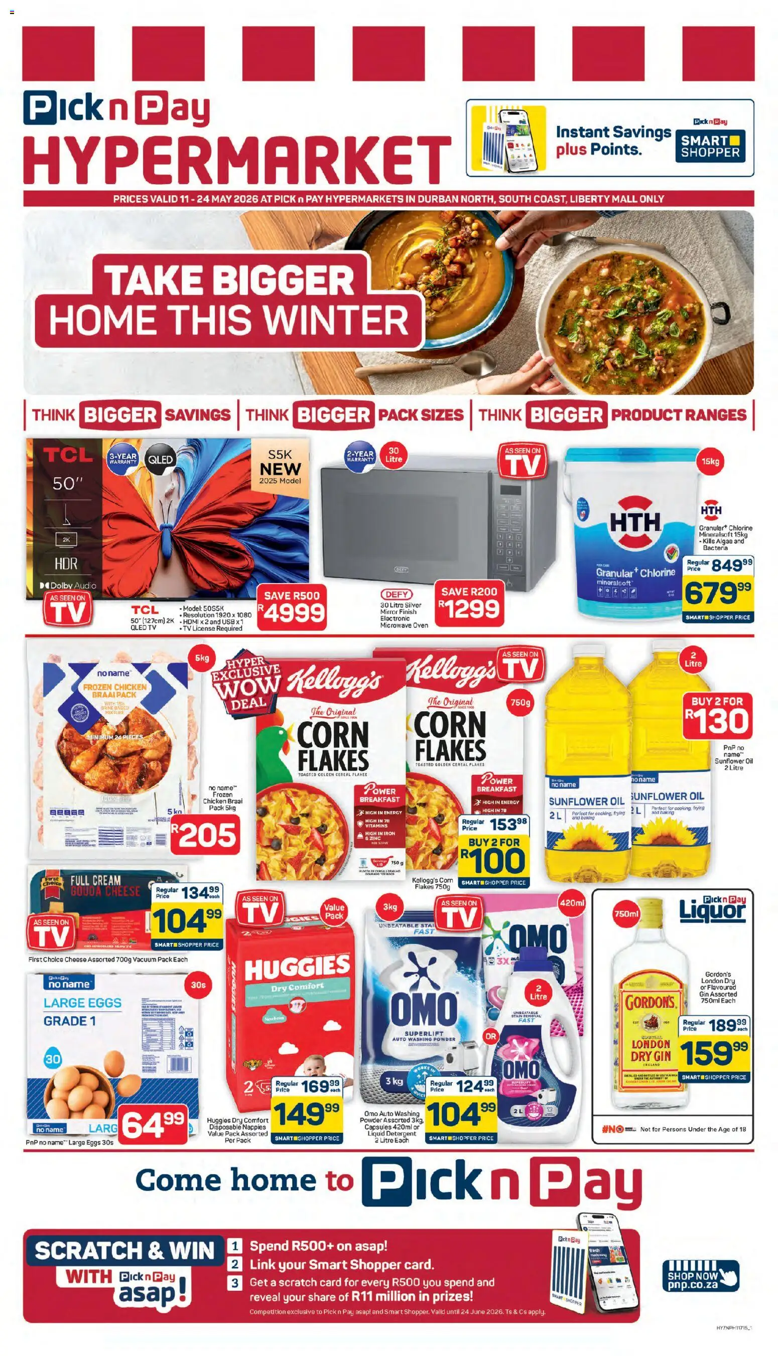Preview of Pick n Pay flyer valid from 11/05/2026 - TV, Mirror, Gordon's Gin, Corn, Washing powder, Audio, Microwave oven, Flakes