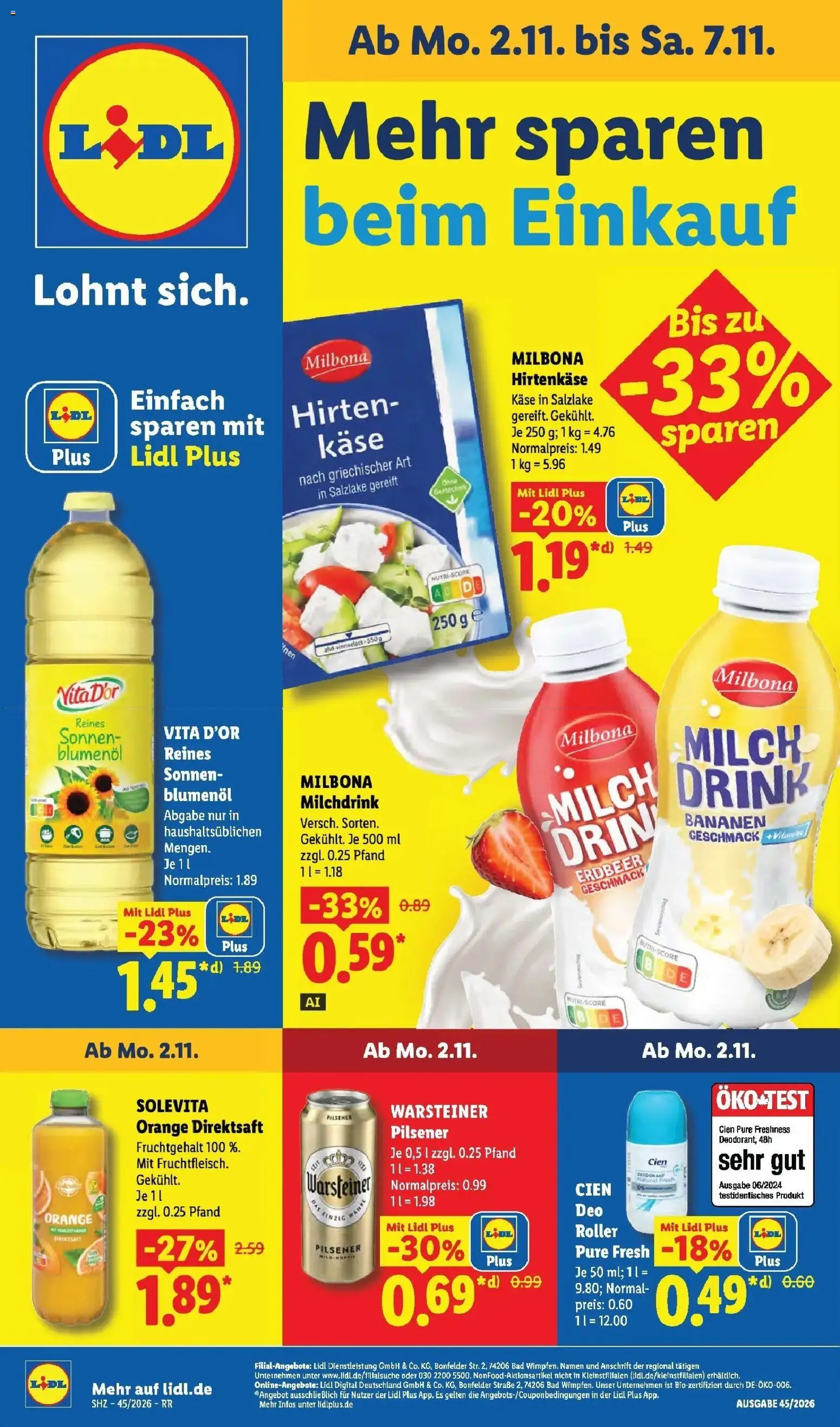 Vorschau von dem Prospekt des Geschäftes Lidl, gültig ab dem 02.11.2026 - Käse, Bad, Bananen, Milch, Warsteiner, Feta, Deodorant, Sonnenblumenol