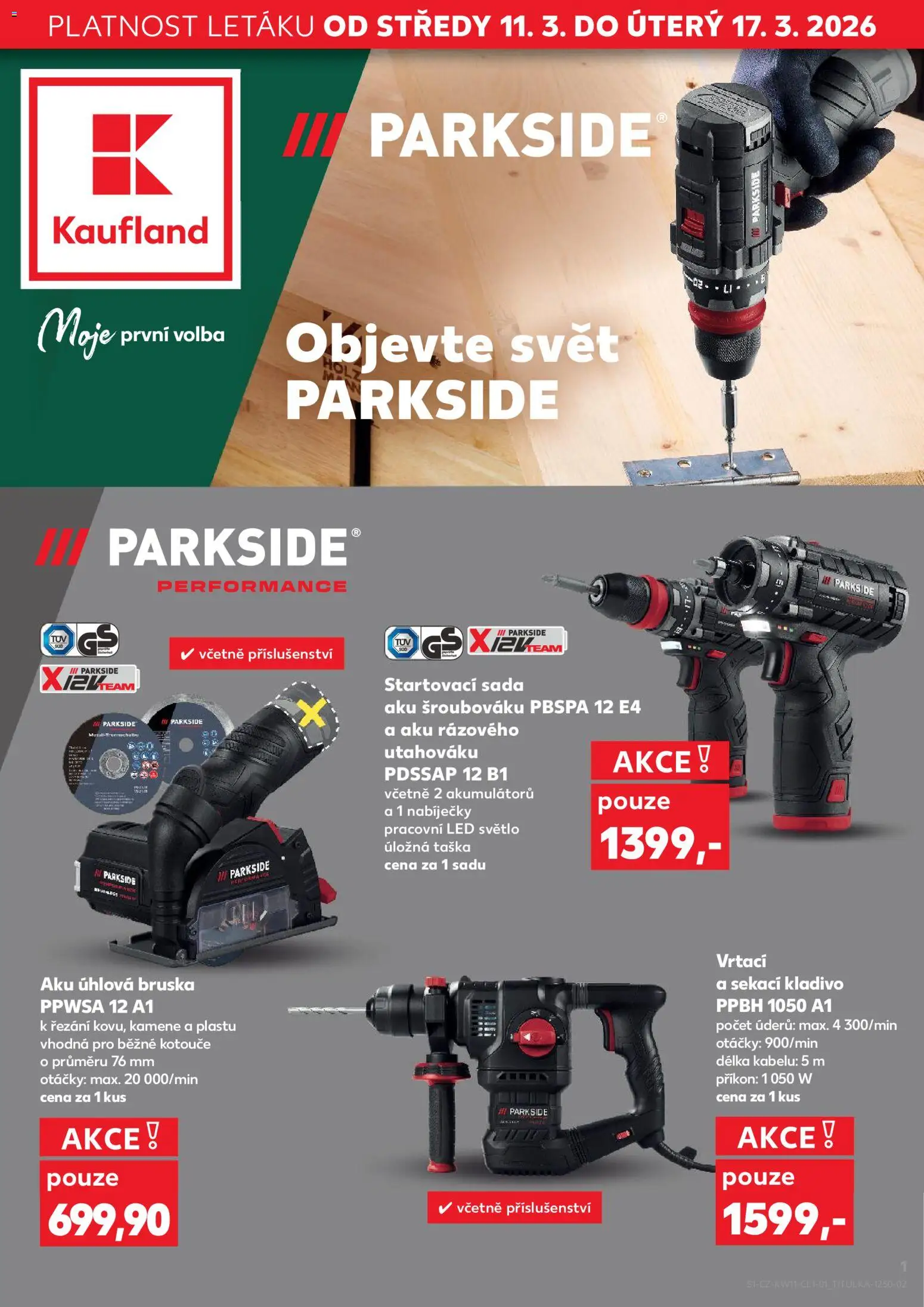 Náhled nabídky: Kaufland Kaufland leták - Ostrava platný od 11.03.2026 - Parkside, LED, LED světlo, Úhlová bruska, Bruska, Taška, Kladivo, Aku úhlová bruska