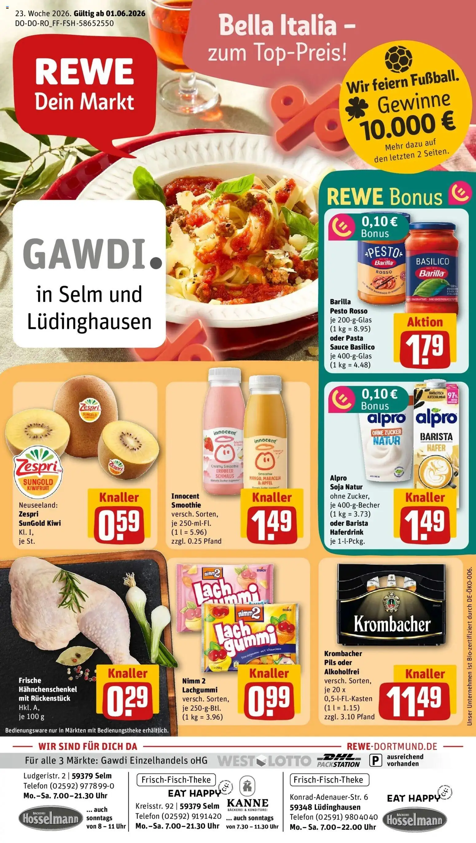 Vorschau von dem Prospekt des Geschäftes Rewe, gültig ab dem 01.06.2026 - Bäckerei, Telefon, Äpfel, Kiwi, Krombacher, Zucker, Alpro, Pils