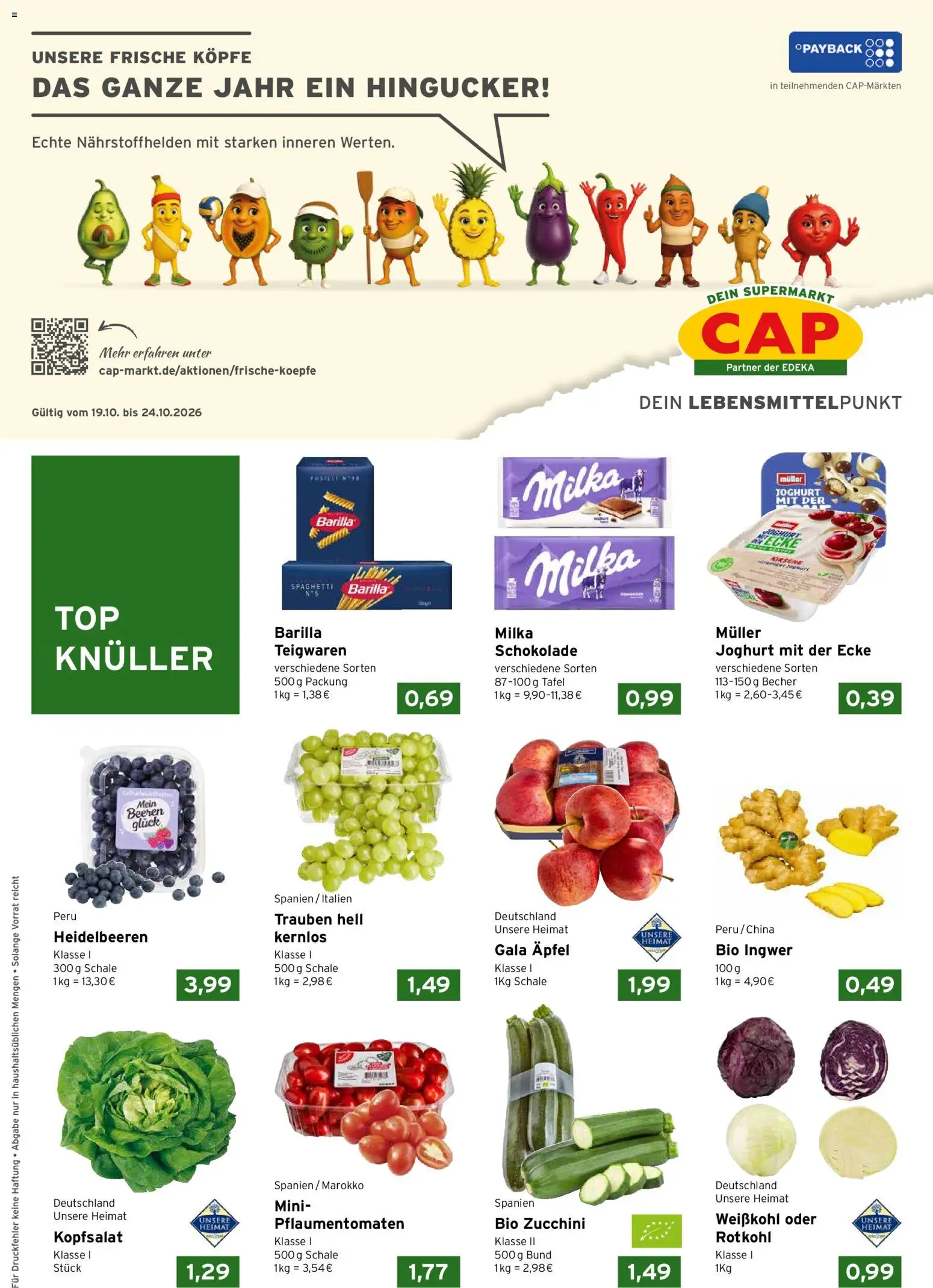 Vorschau von dem Prospekt des Geschäftes CAP Markt, gültig ab dem 19.10.2026 - Schokolade, Äpfel, Zucchini, Joghurt, Heidelbeeren, Rotkohl, Milka, Barilla
