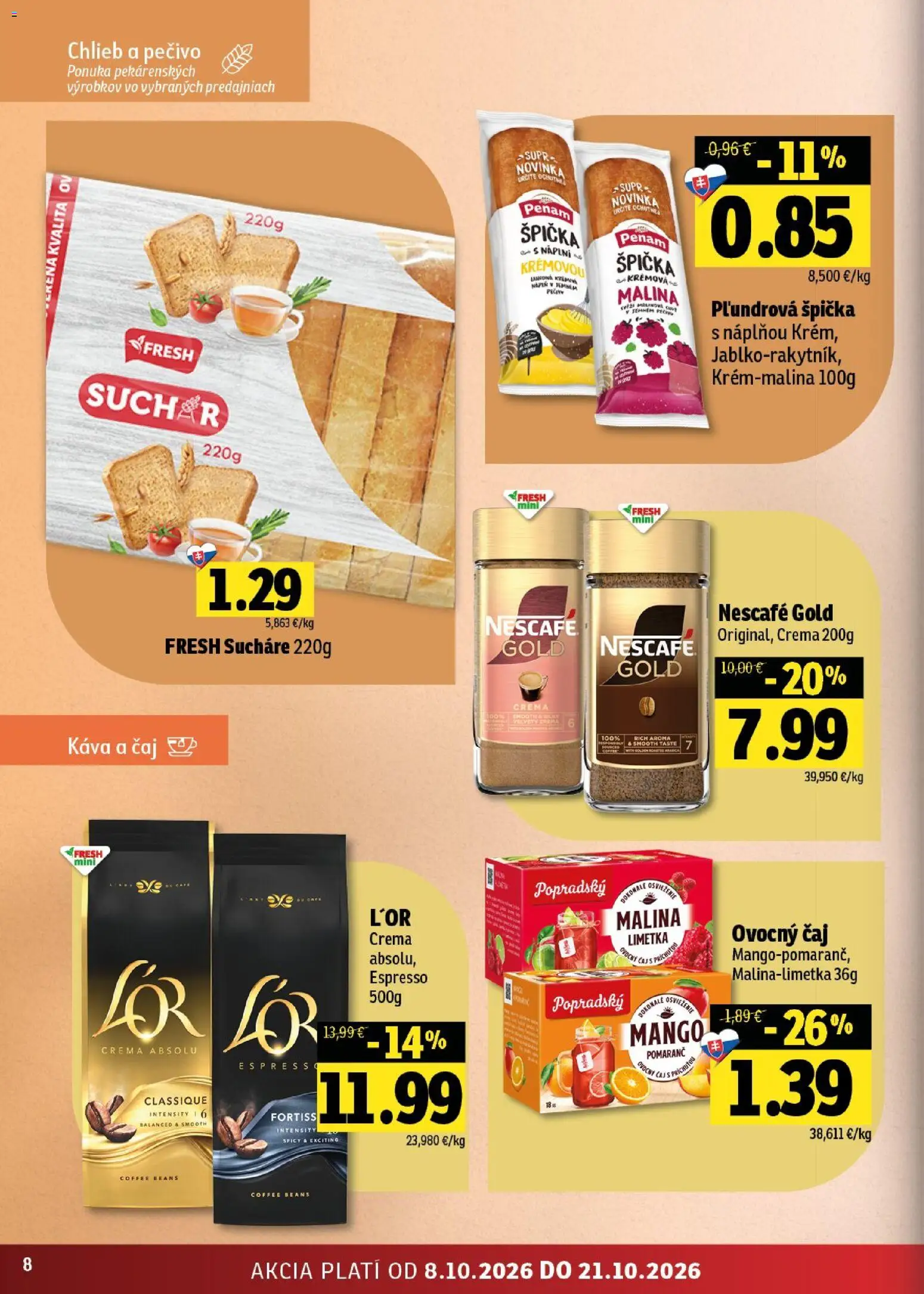 Náhľad Fresh letáku platného od 08.10.2026 - Mango, Káva, Čaj, Pečivo, Nescafé Gold, Limetka, Sucháre, Ovocný čaj