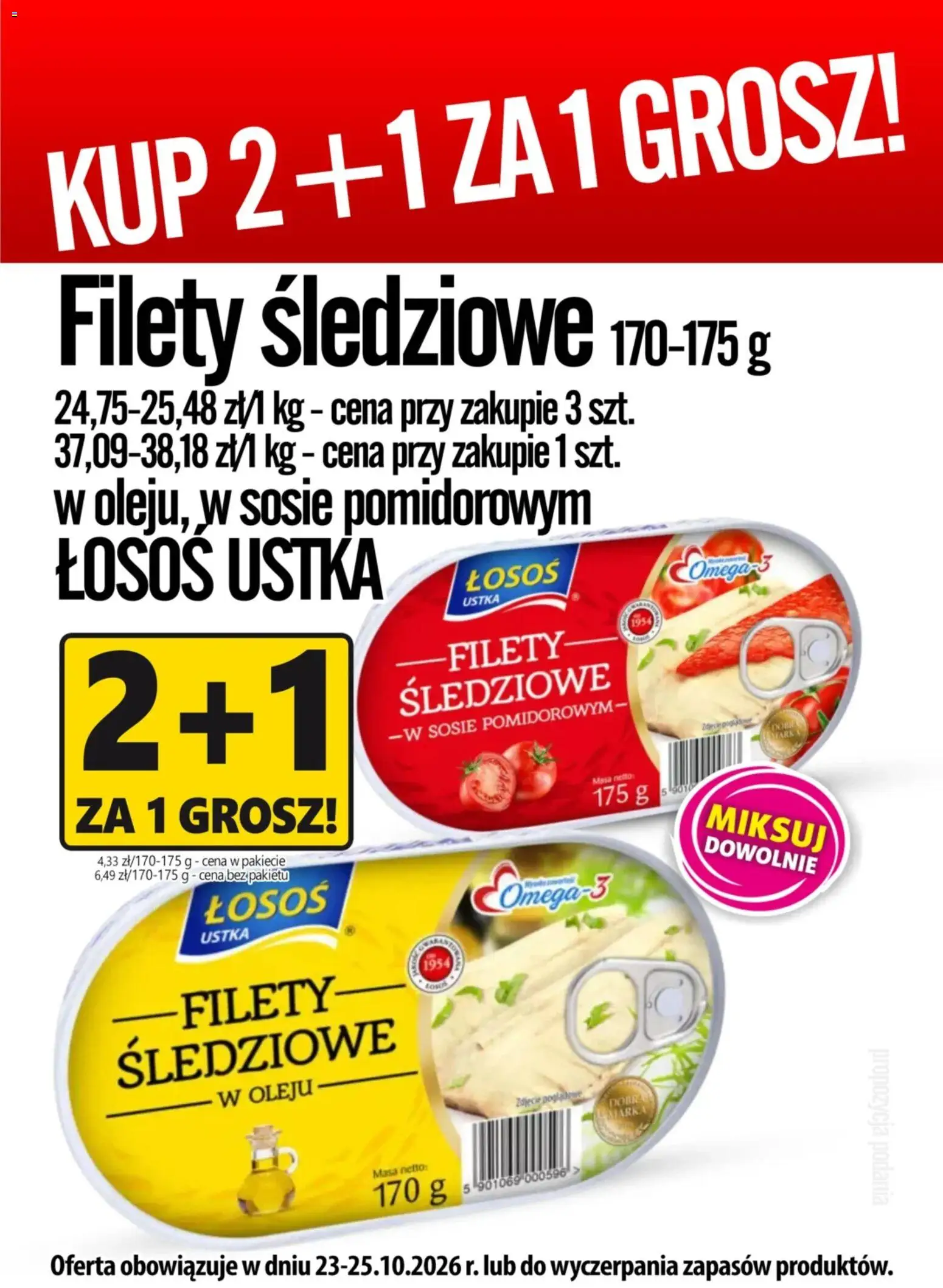 Pogląd gazetki "Prim Market promocja - Filety Śledziowe Łosoś Ustka" ze sklepu Prim Market ważnej od 23.10.2026 - Omega, Łosoś, Filety śledziowe w oleju