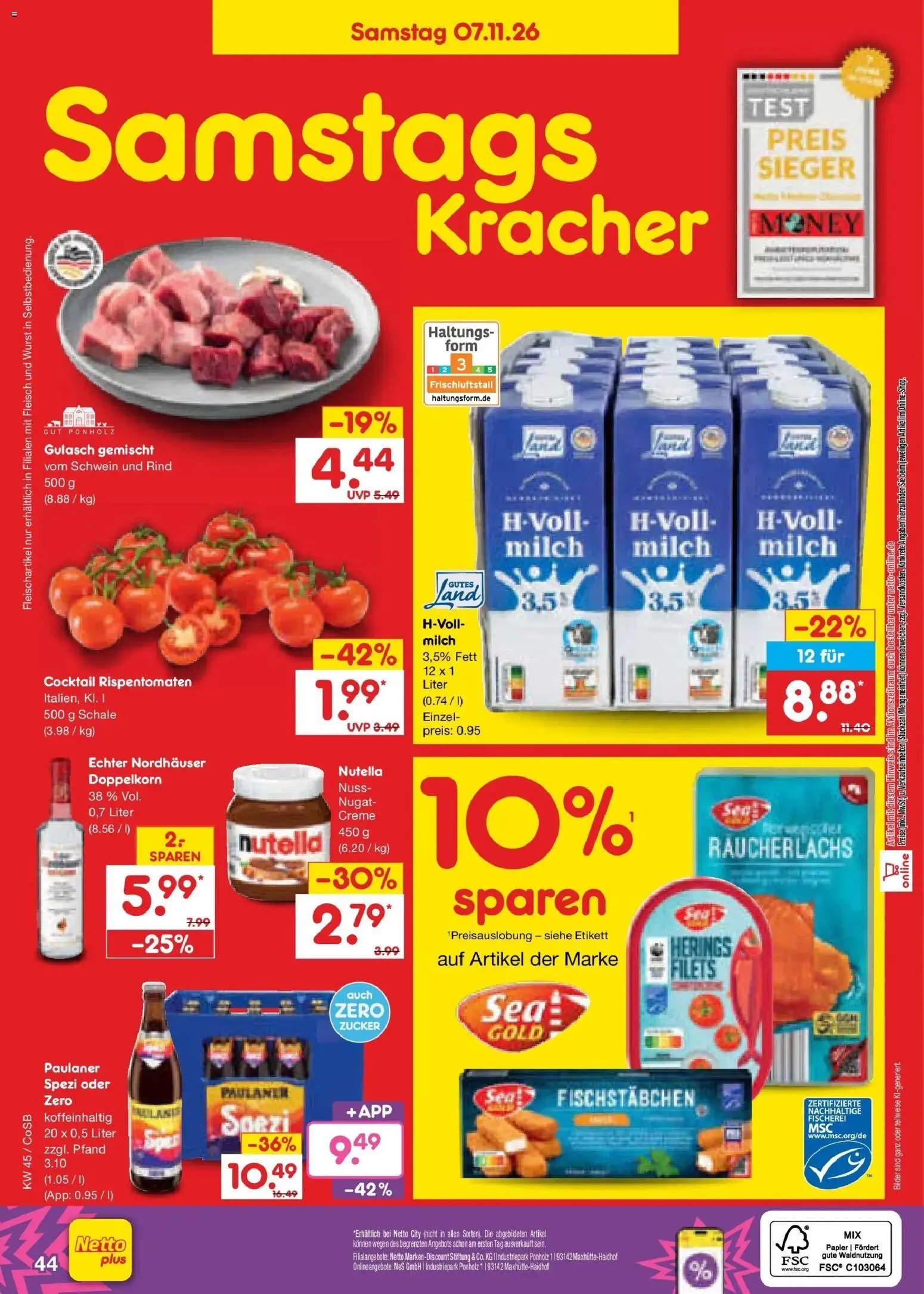 Vorschau von dem Prospekt des Geschäftes Netto Marken-Discount, gültig ab dem 02.11.2026 - Wurst, Milch, Fleisch, Zucker, Paulaner, Creme, Fischstabchen, Milch 3,5%