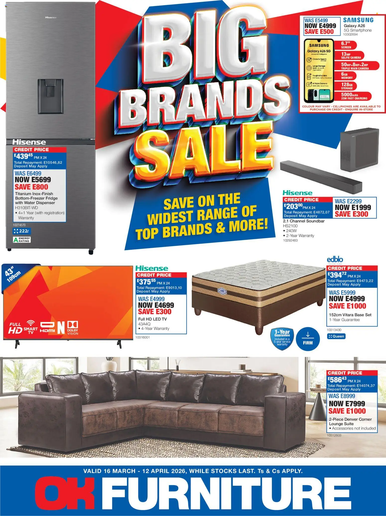 Preview of OK Furniture flyer valid from 16/03/2026 - Water, Fridge, Camera, TV, Lounge suite, Smartphone, Soundbar
