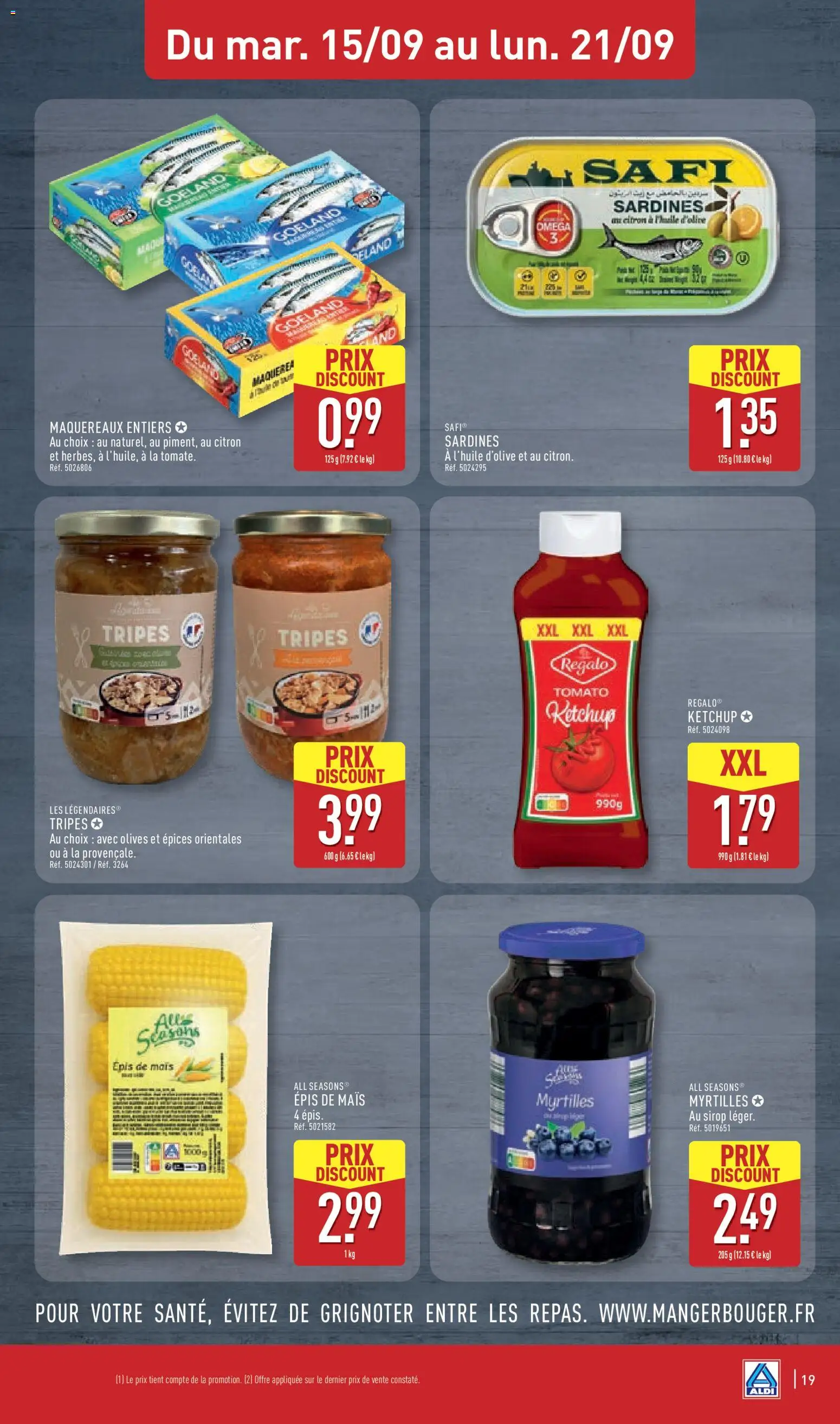 Prévisualisation de Aldi catalogue du magasin Aldi formulaire valide 15/09/2026 - Mais, Thé, Citron, Olives, Sirop, Tripes, Ketchup, Oméga