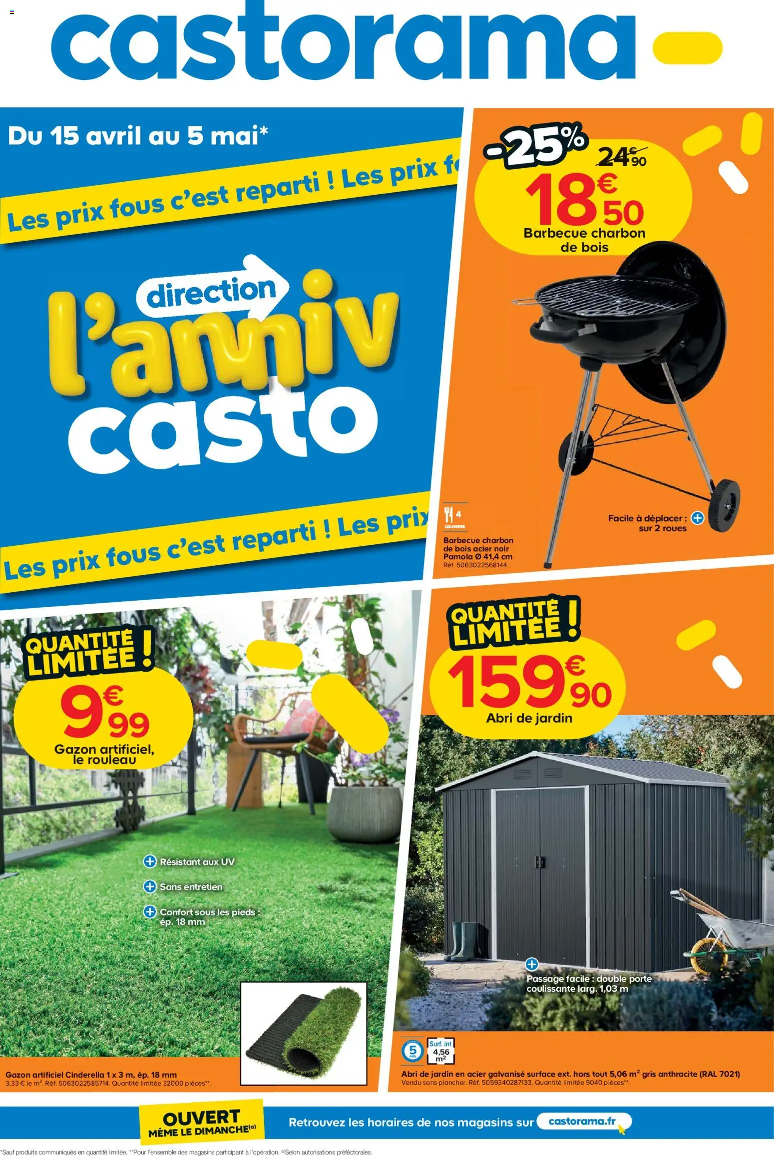 Prévisualisation de Castorama Les prix fous c'est reparti du magasin Castorama formulaire valide 15/04/2026 - Abri de jardin, Porte coulissante, Porte, Barbecue charbon, Gazon, Charbon De Bois, Gazon artificiel, Rouleau