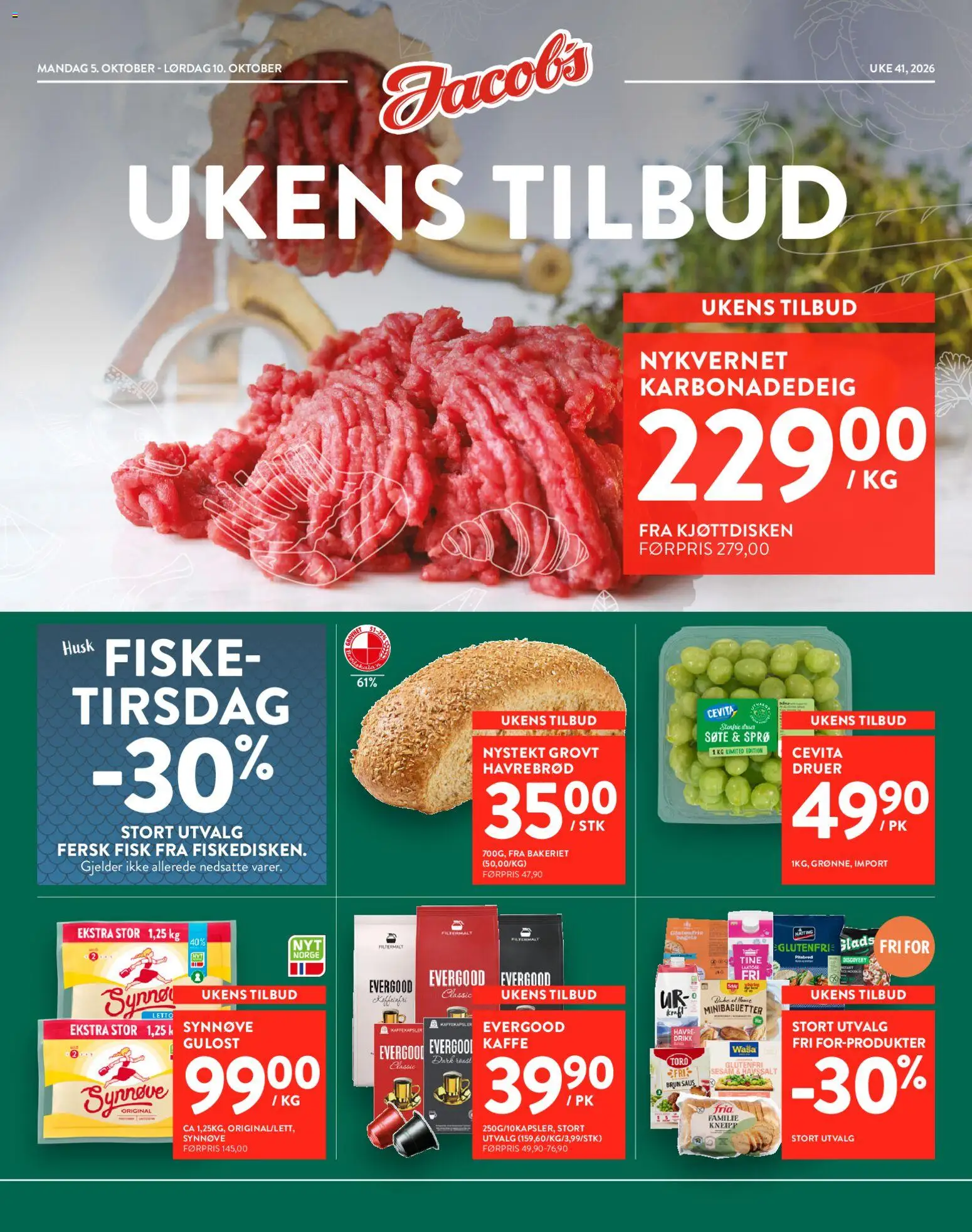 Forhåndsvis Jacobs kundeavis fra butikk Jacobs gyldig fra 05/10/2026 - Kaffe, Fisk, Karbonadedeig, Gulost, Minibaguetter, Druer, Saus, Havrebrød