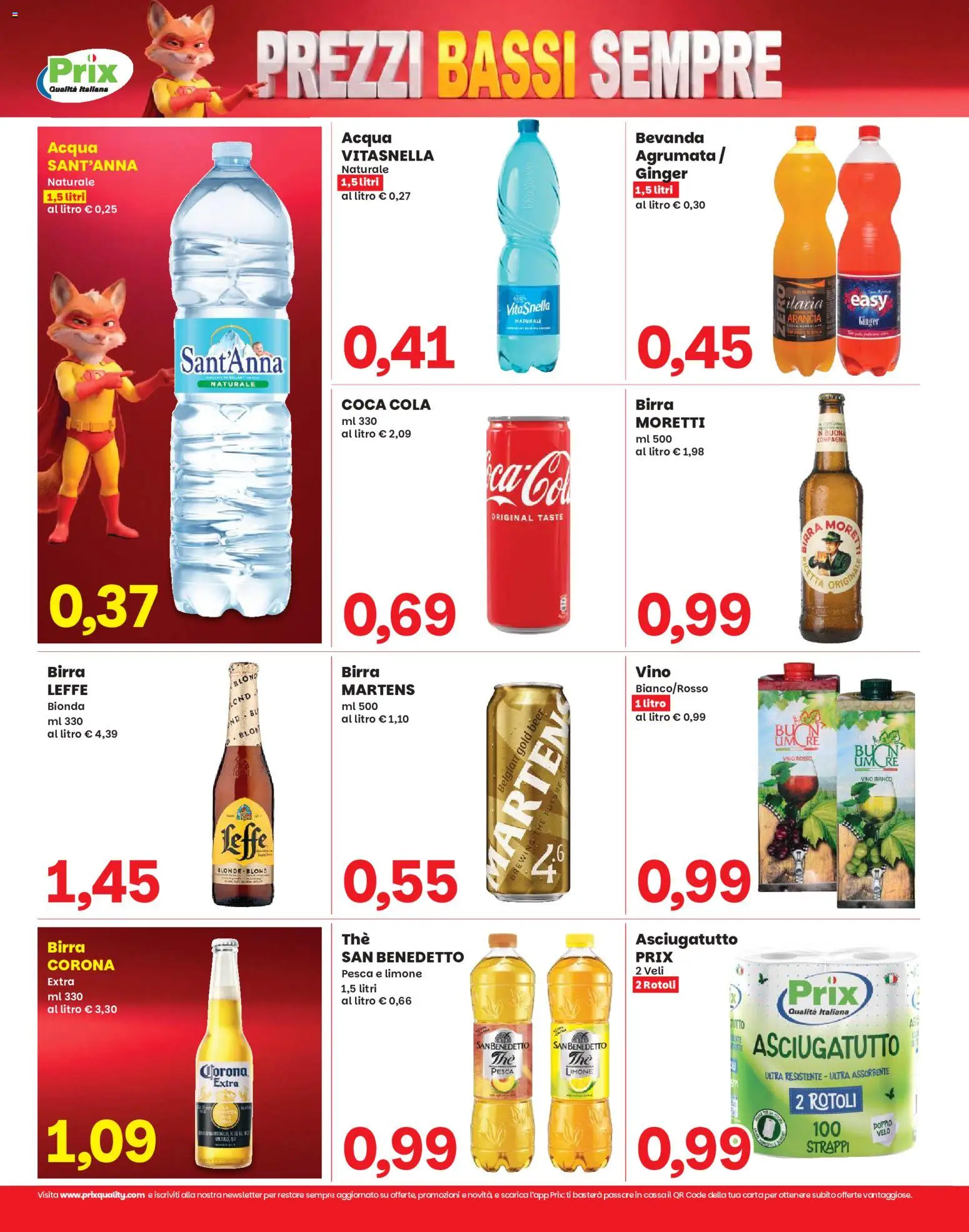 Anteprima dell'opuscolo Prix volantino Campolongo dal negozio Prix valido da 03/09/2026 - Acqua, Vino, Coca Cola, Birra, Limone, Pesca, Arancia, Vino rosso