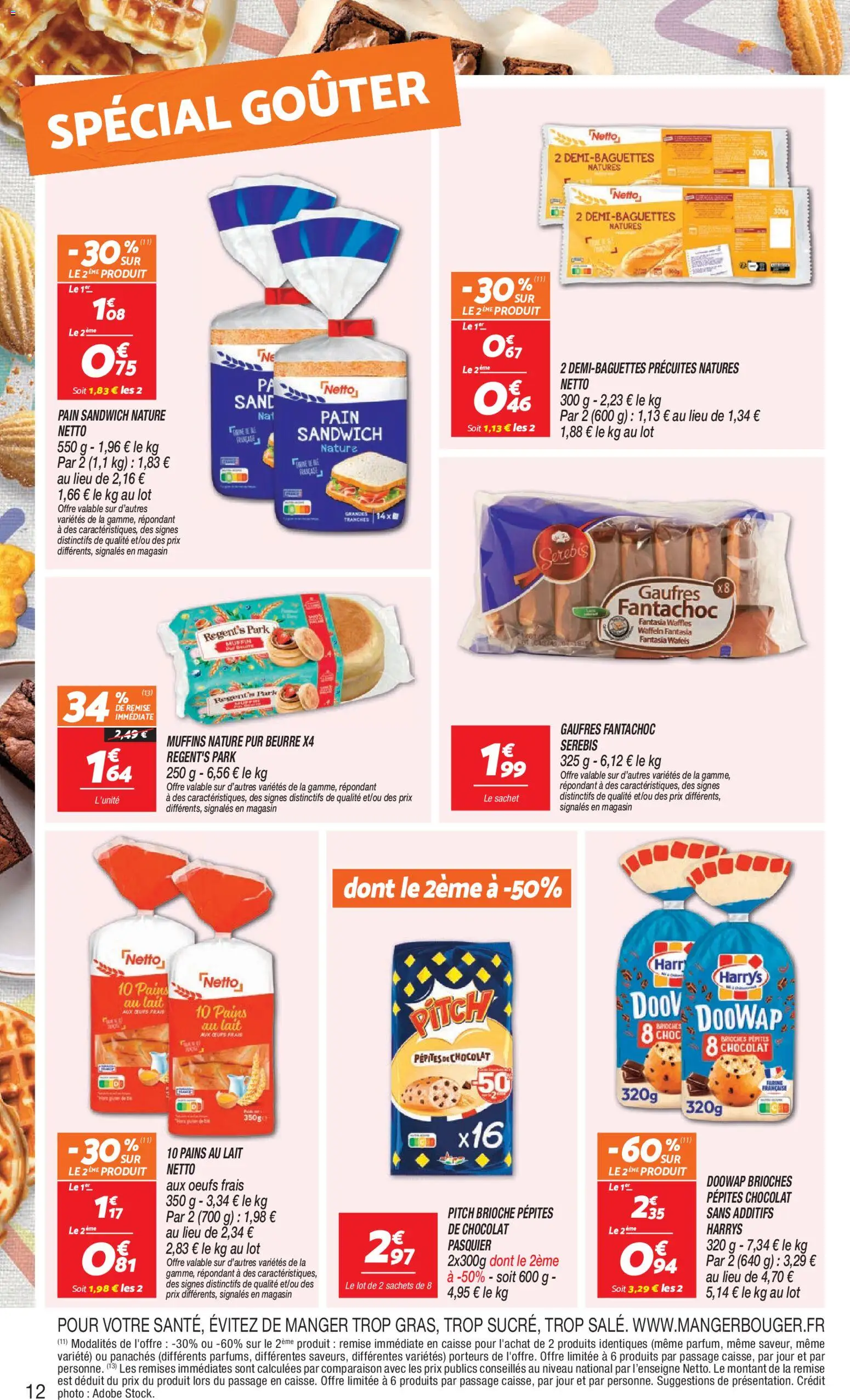 Prévisualisation de Netto 80% sur tous sun du magasin Netto formulaire valide 15/09/2026 - Sandwich, Gaufres, Muffins, Brioche, Lait, Beurre, Pains au lait, Pépites de chocolat