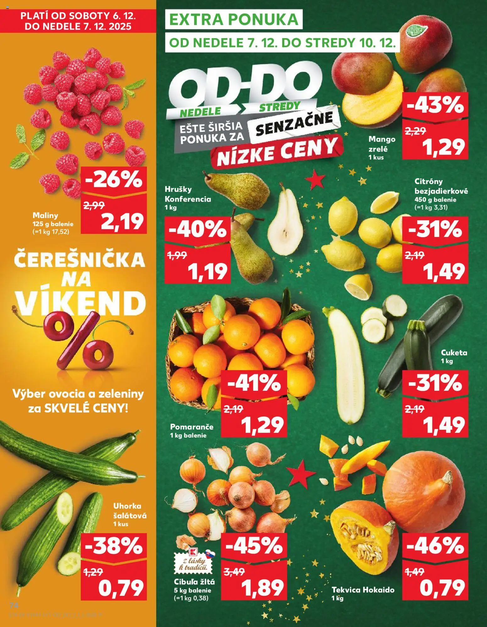 Náhľad Kaufland letáku platného od 04.12.2025 - Mango, Cuketa, Tekvica, Cibuľa, Maliny, Pomaranče, Hrušky, Citróny