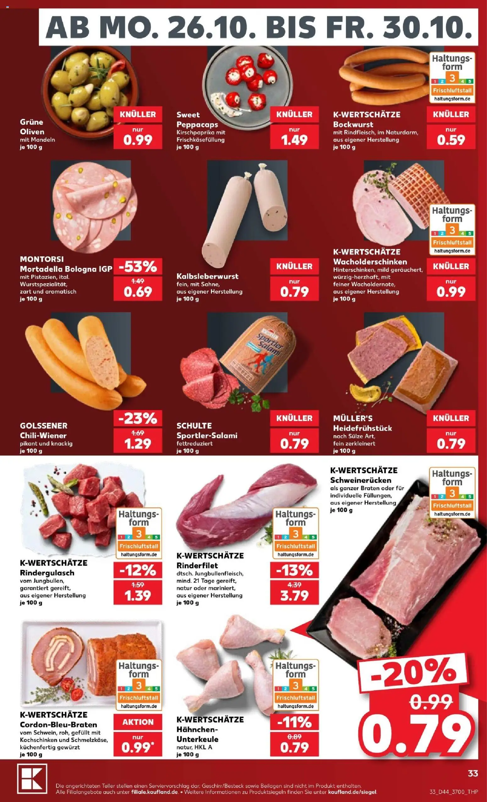 Vorschau von dem Prospekt des Geschäftes Kaufland, gültig ab dem 26.10.2026 - Rindergulasch, Mandeln, Rinderfilet, Bockwurst, Beilagen, Schweinerucken, Hahnchen